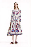 Blue Floral Midi Dress, Long Sleeve, Boho Border Print, Elegant Wedding Guest __etsy:7912905323