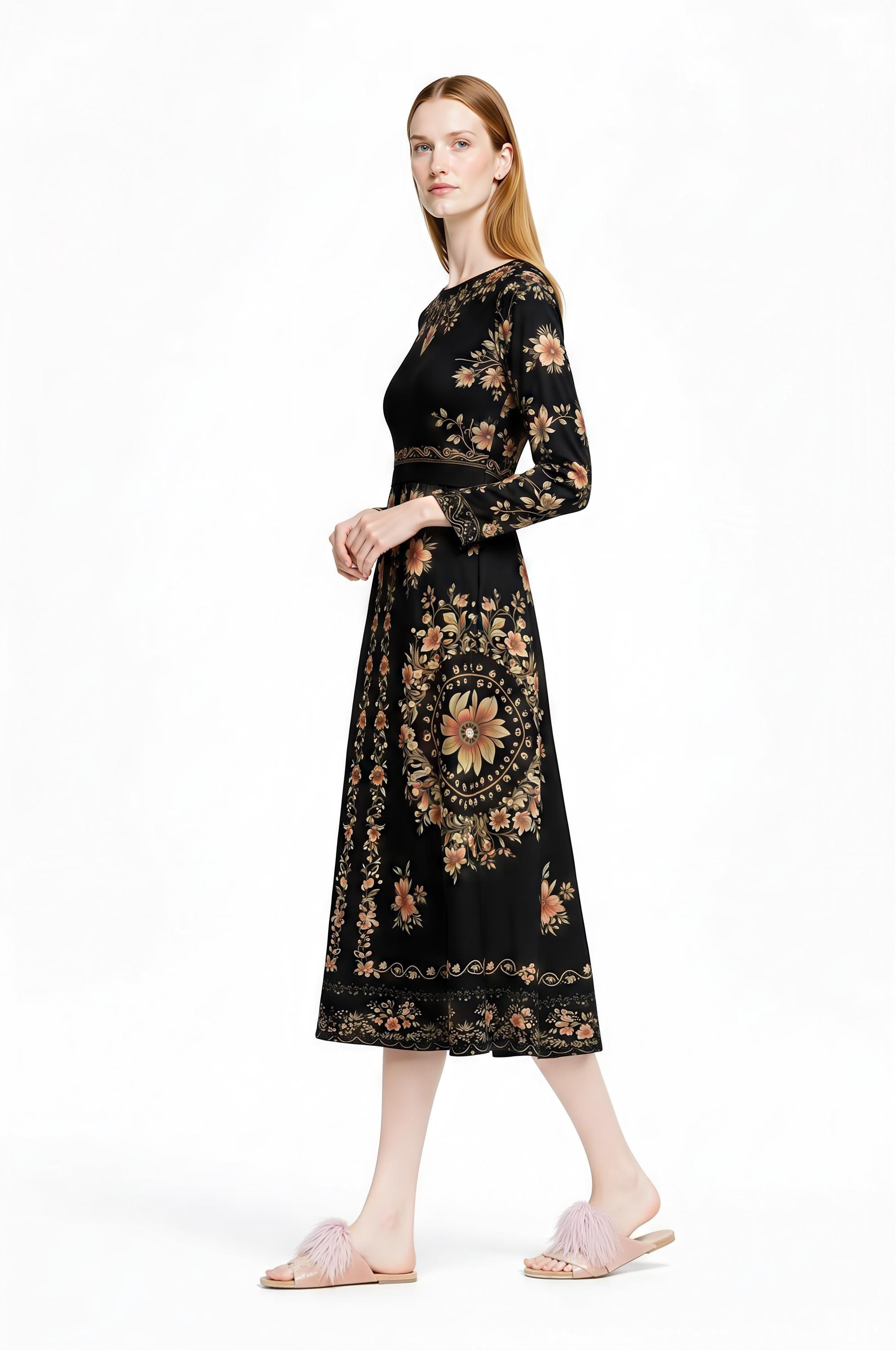 Black Floral Midi Dress, Long Sleeve Folk Print, Vintage Inspired Pockets __etsy:7920516150