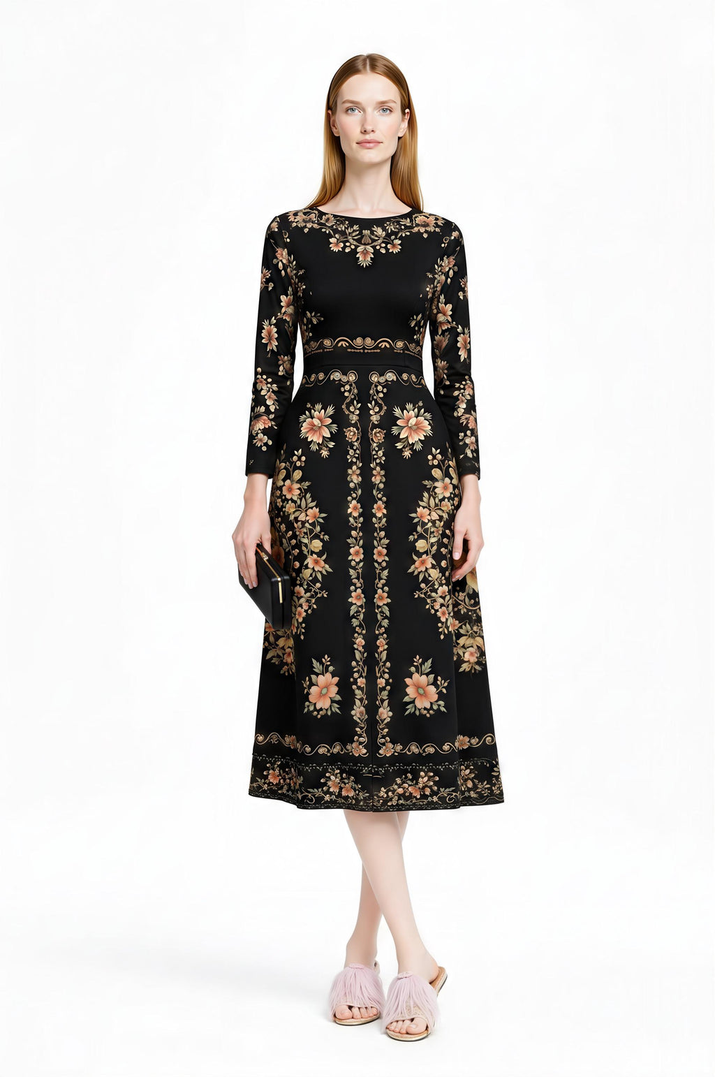 Black Floral Midi Dress, Long Sleeve Folk Print, Vintage Inspired Pockets __etsy:7920516160