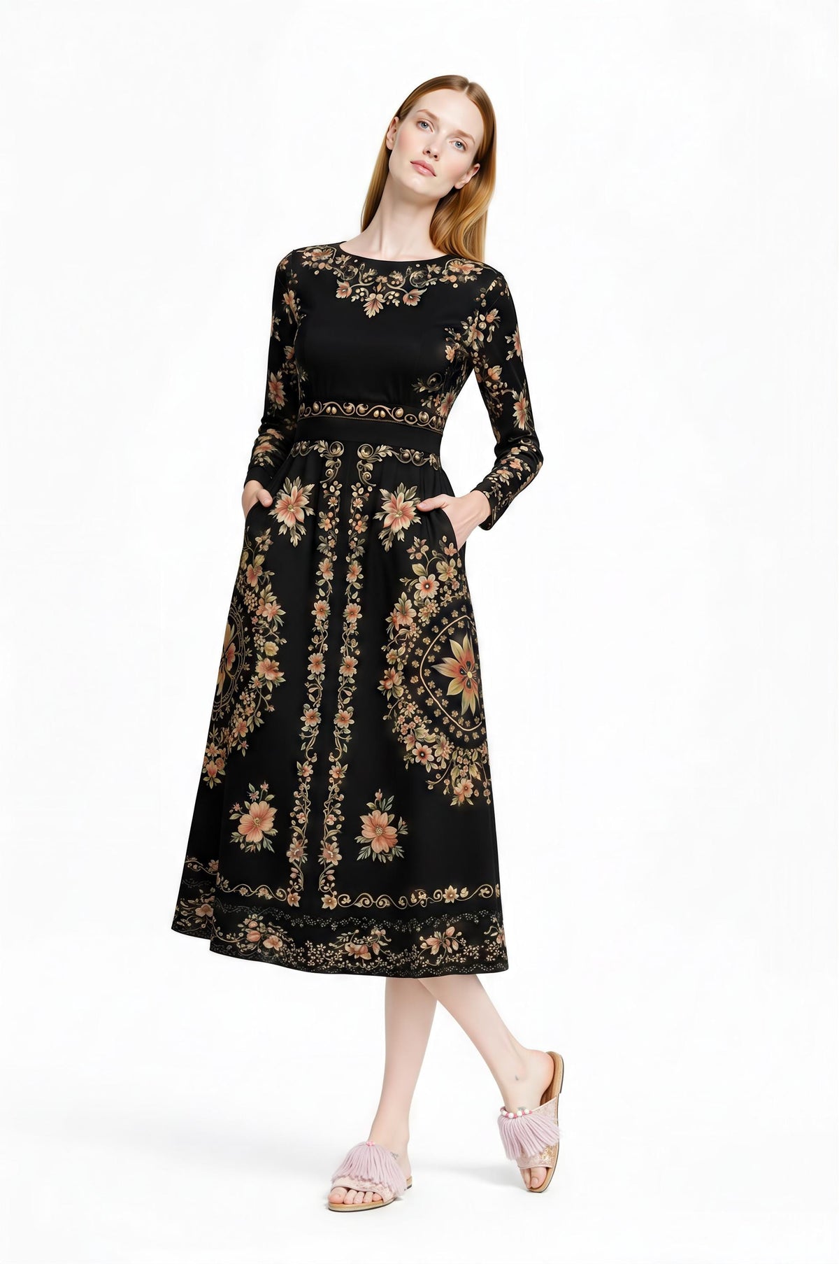 Black Floral Midi Dress, Long Sleeve Folk Print, Vintage Inspired Pockets __etsy:7920516164
