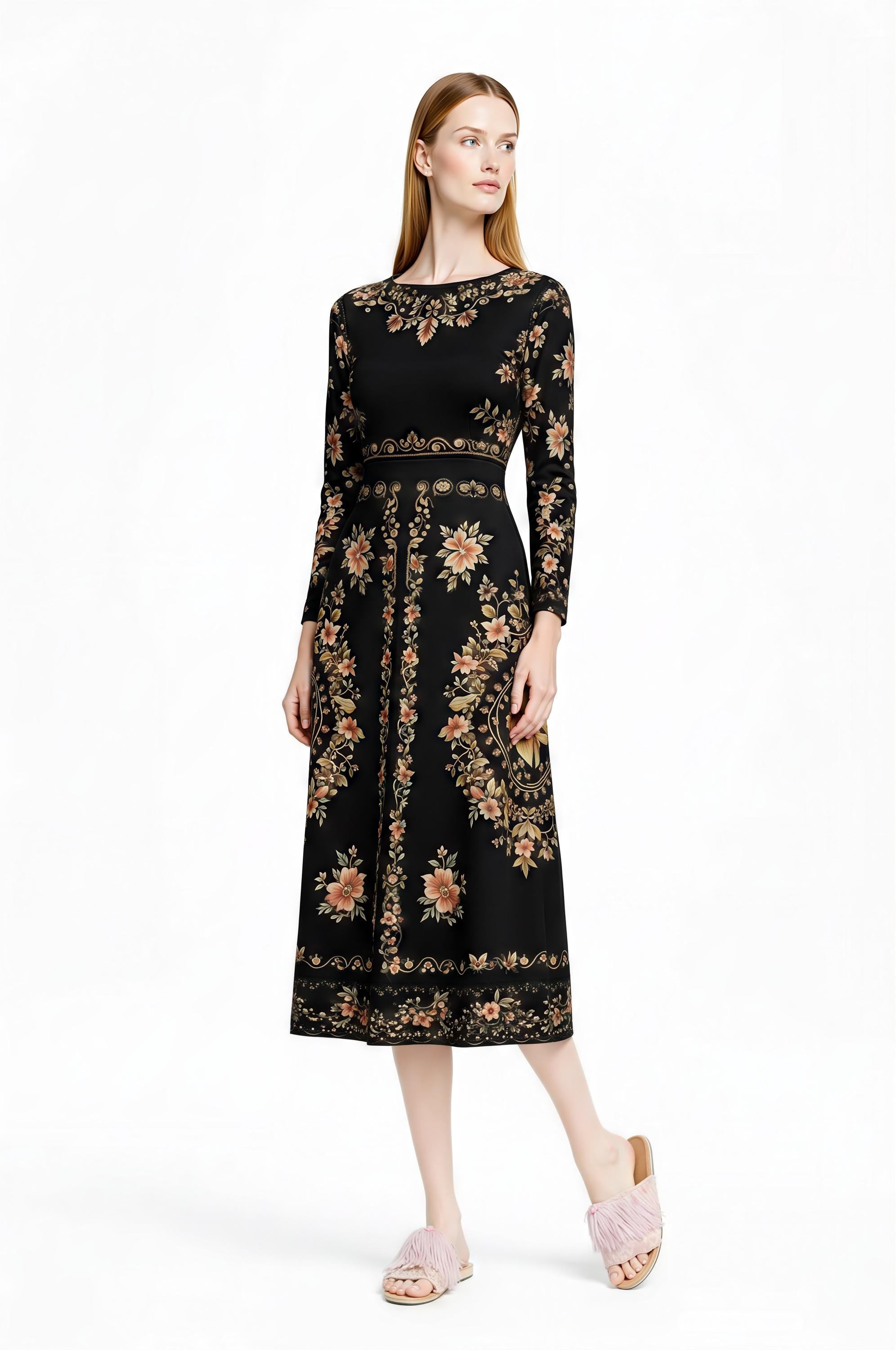 Black Floral Midi Dress, Long Sleeve Folk Print, Vintage Inspired Pockets __etsy:7920516264