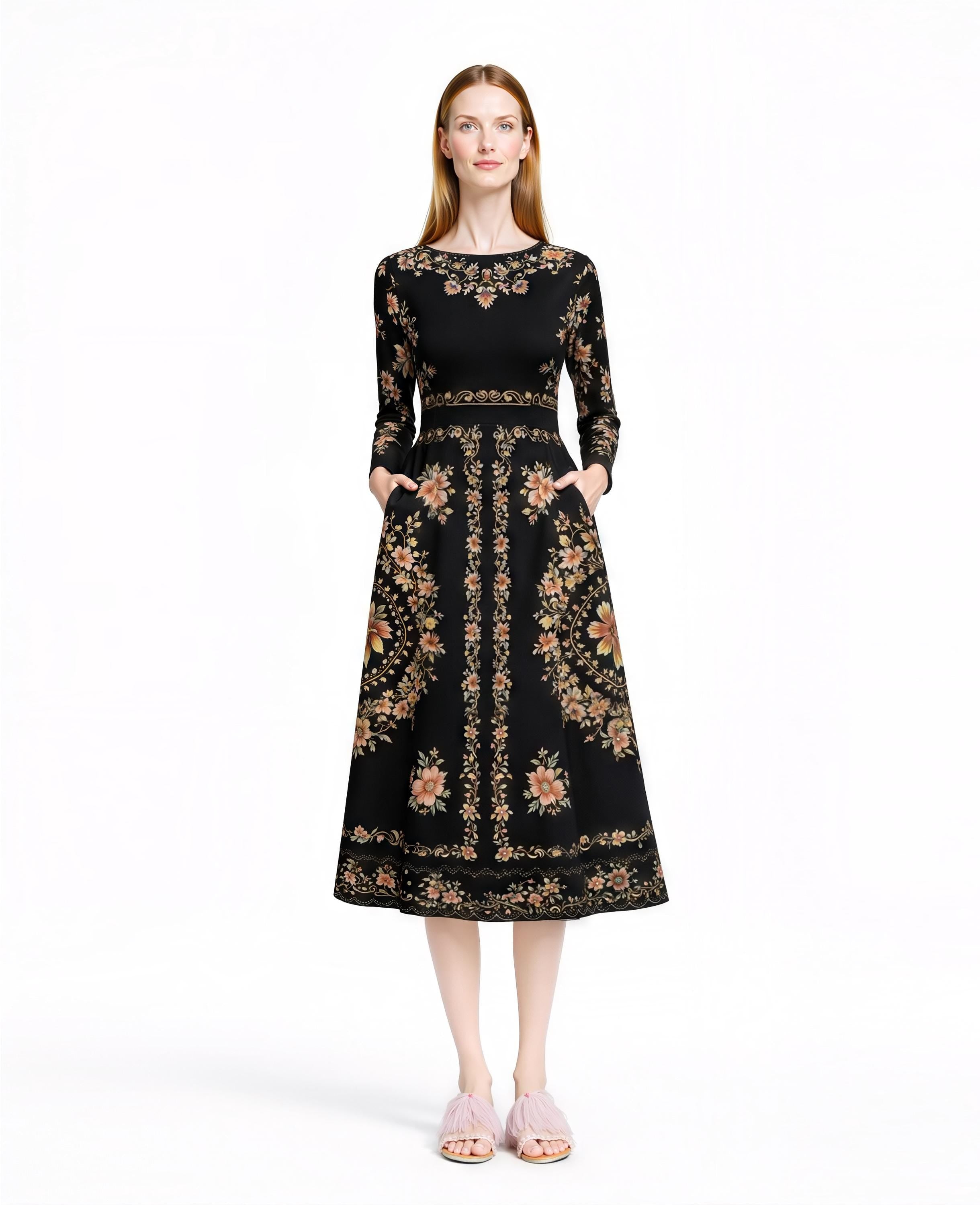 Black Floral Midi Dress, Long Sleeve Folk Print, Vintage Inspired Pockets __etsy:7920544166
