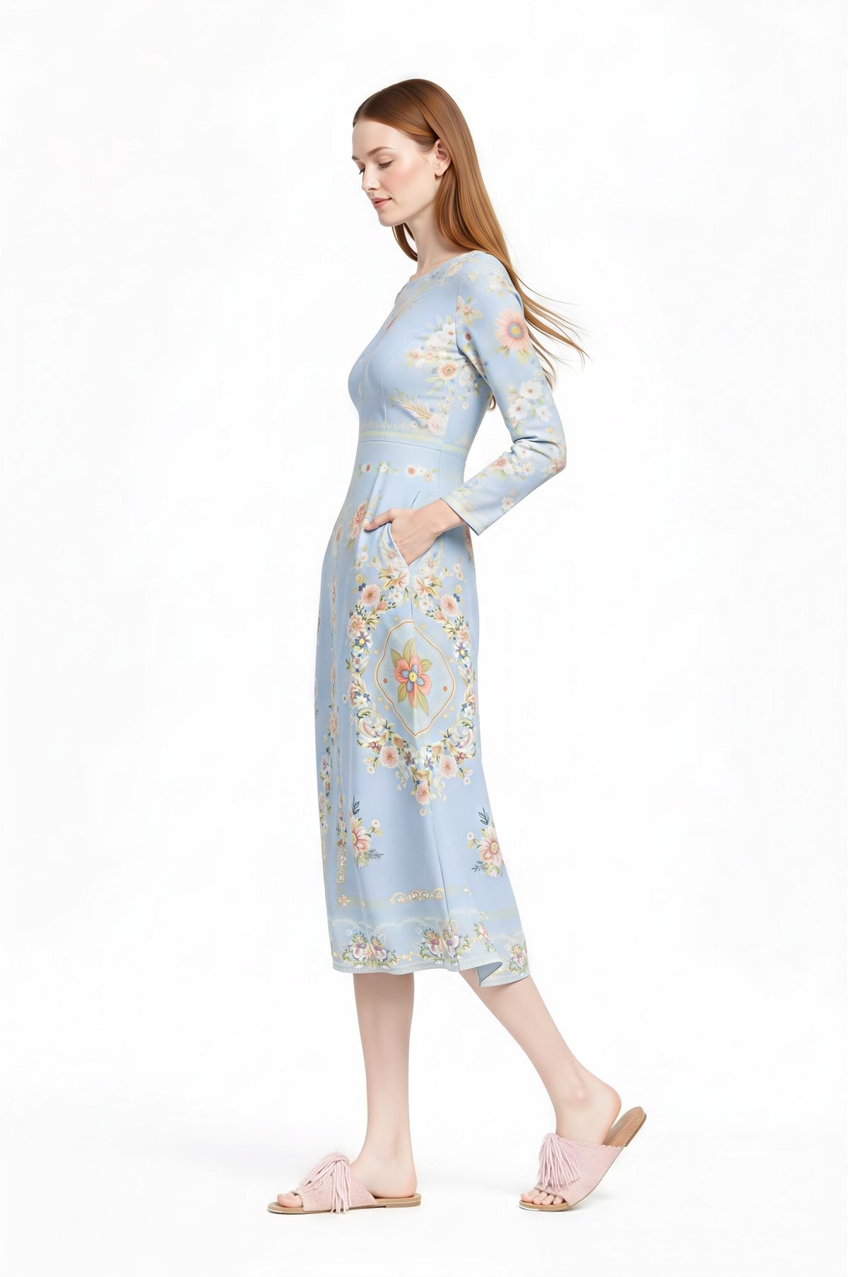 Ivory Floral Midi Dress, Long Sleeve, Vintage Inspired, Pockets __etsy:7920656268