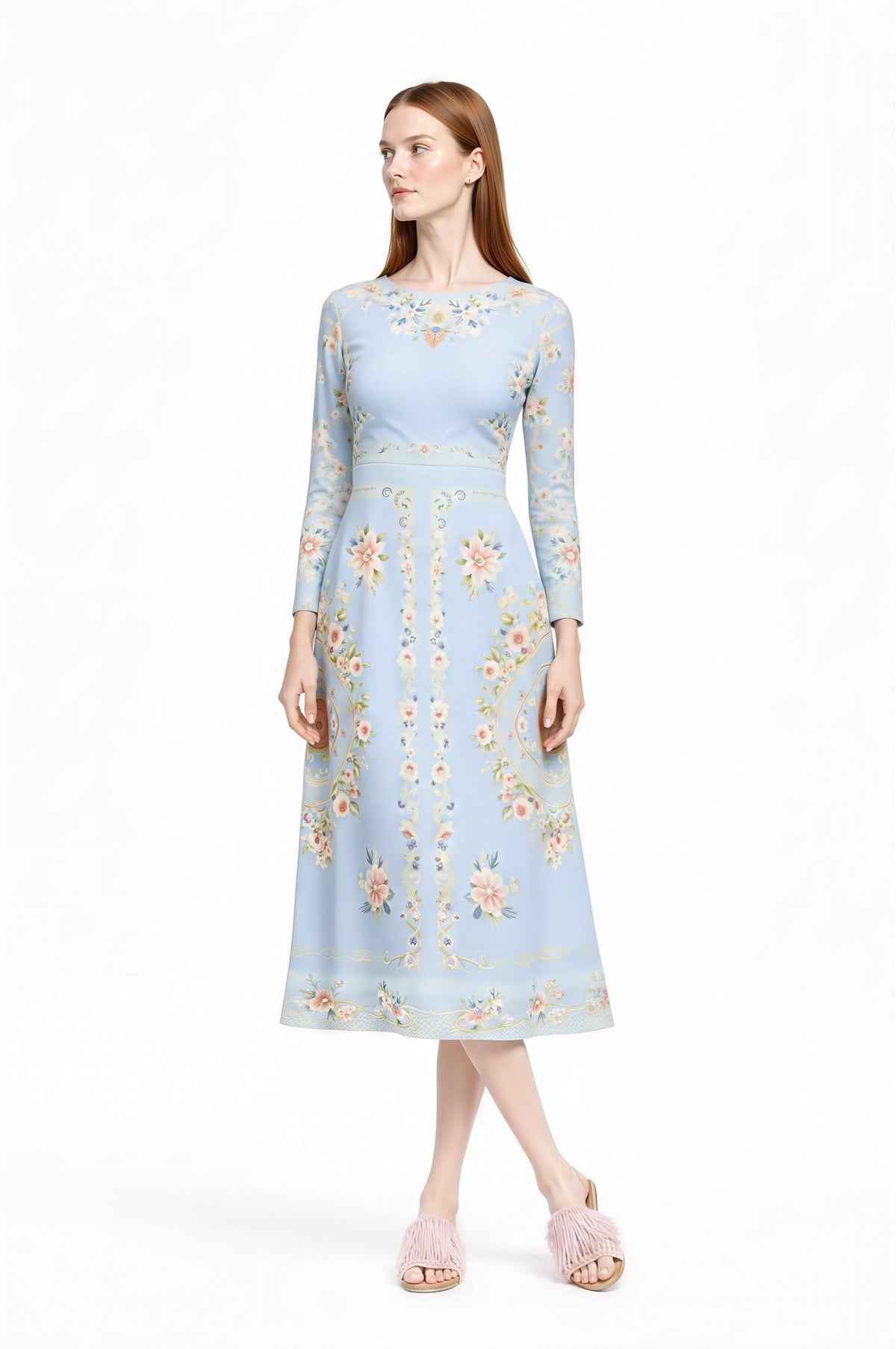 Ivory Floral Midi Dress, Long Sleeve, Vintage Inspired, Pockets __etsy:7920656270