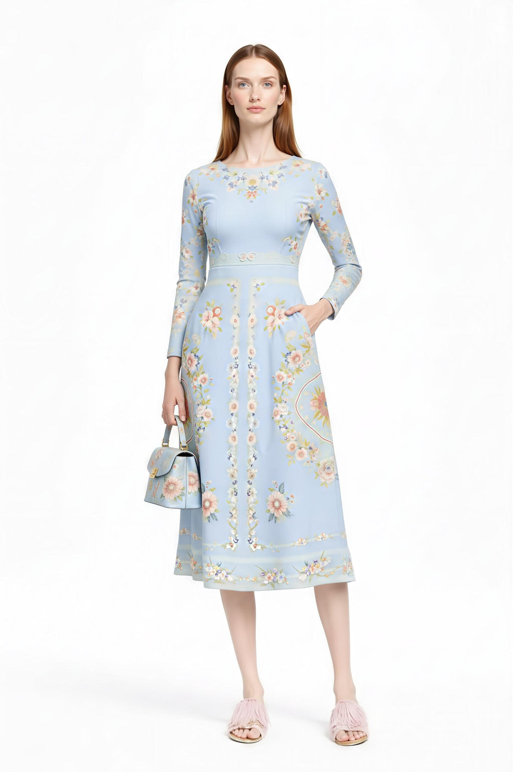 Ivory Floral Midi Dress, Long Sleeve, Vintage Inspired, Pockets __etsy:7920656332