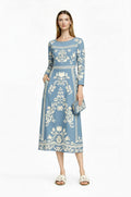 Light Blue Folk Floral Midi Dress, Vintage Style Long Sleeve Boho Elegance __etsy:7920727162