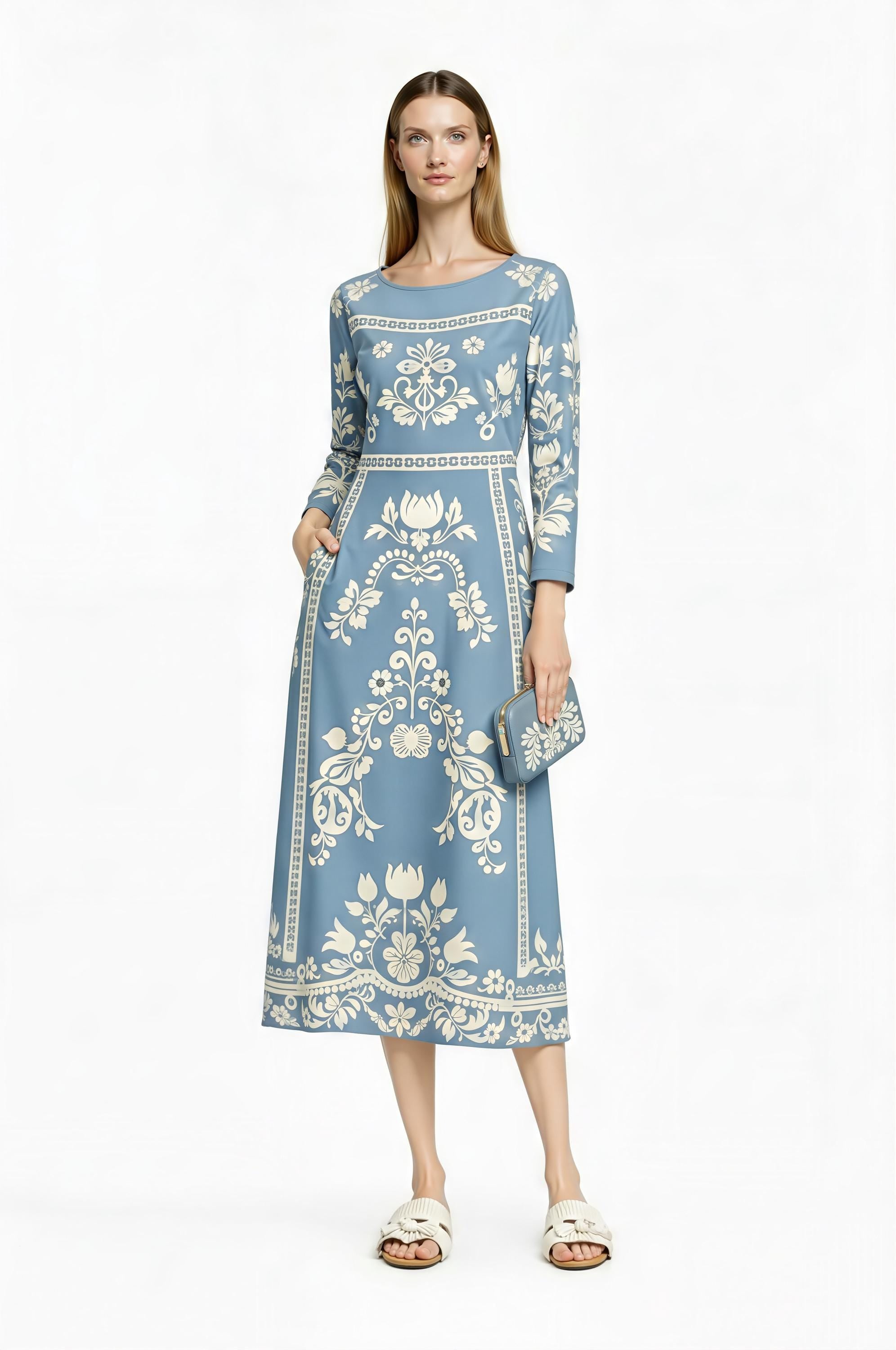 Light Blue Folk Floral Midi Dress, Vintage Style Long Sleeve Boho Elegance __etsy:7920727162