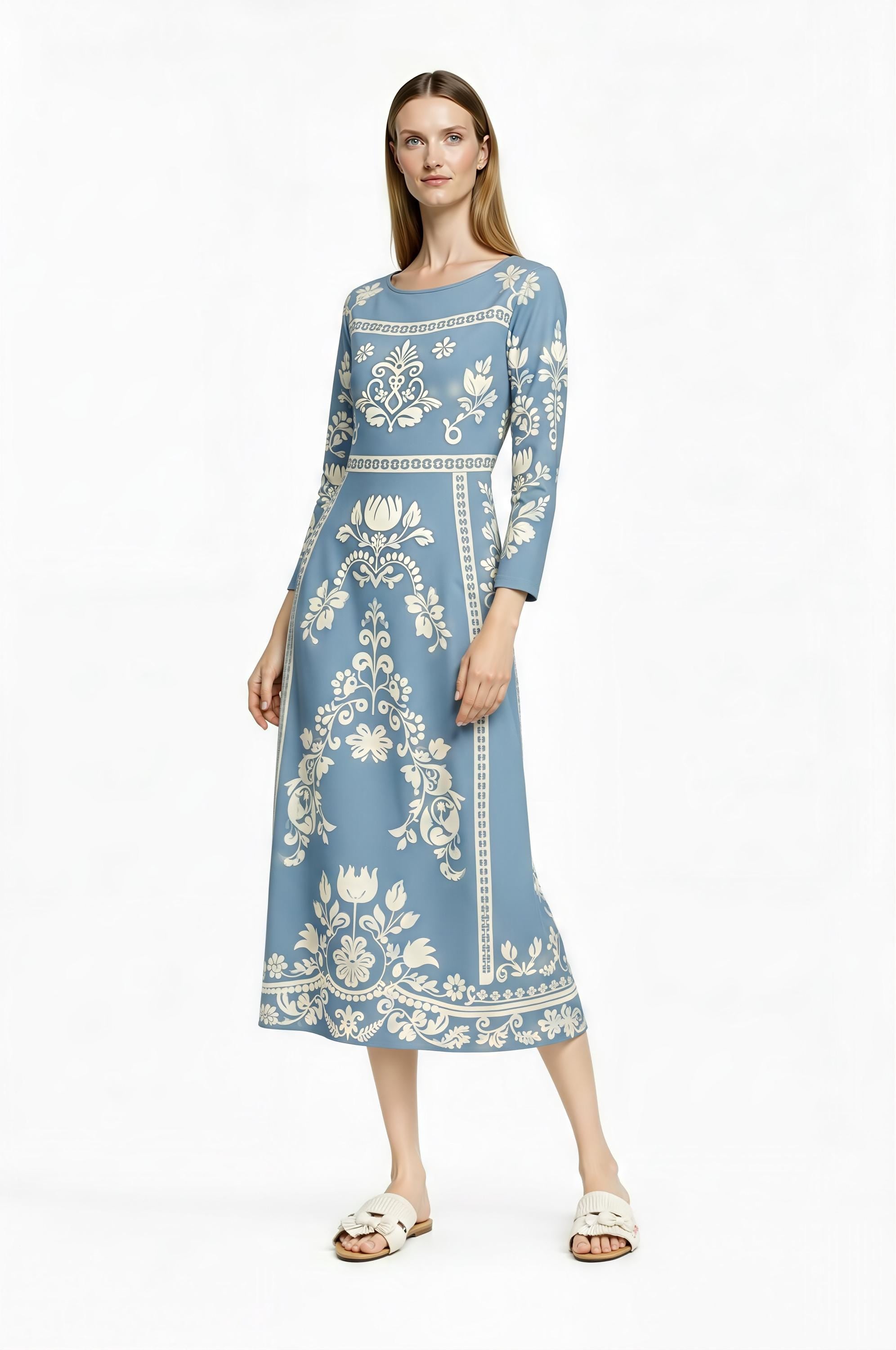 Light Blue Folk Floral Midi Dress, Vintage Style Long Sleeve Boho Elegance __etsy:7920727168
