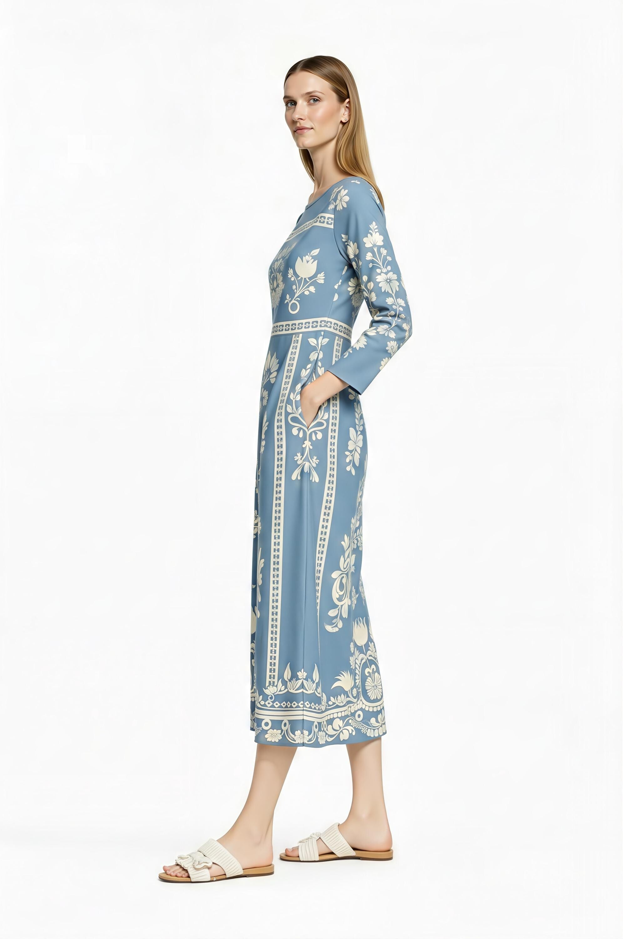 Light Blue Folk Floral Midi Dress, Vintage Style Long Sleeve Boho Elegance __etsy:7920727174