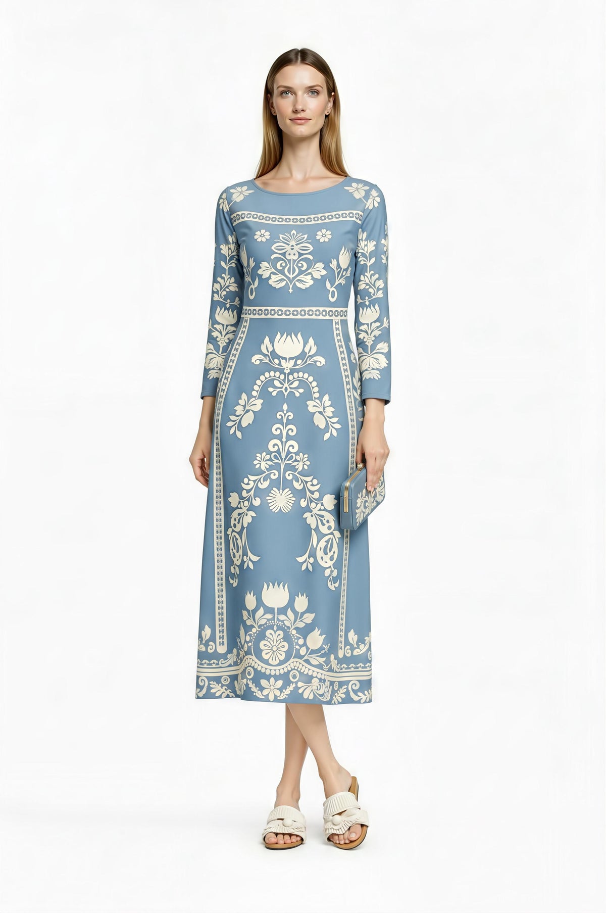 Light Blue Folk Floral Midi Dress, Vintage Style Long Sleeve Boho Elegance __etsy:7920727182