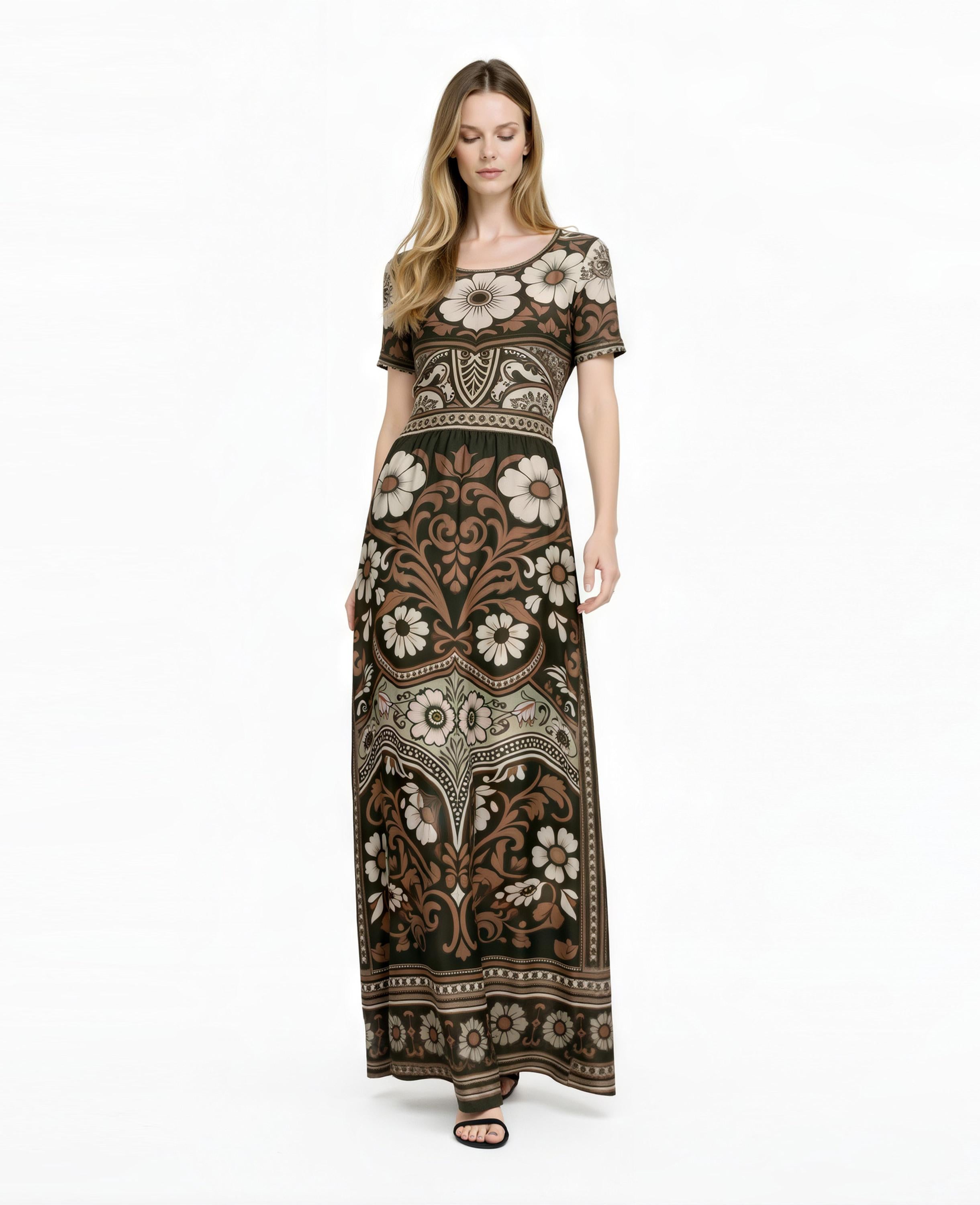 Floral Maxi Dress, Boho Vintage Long Dress, Brown Ivory Summer Outfit __etsy:7926454268