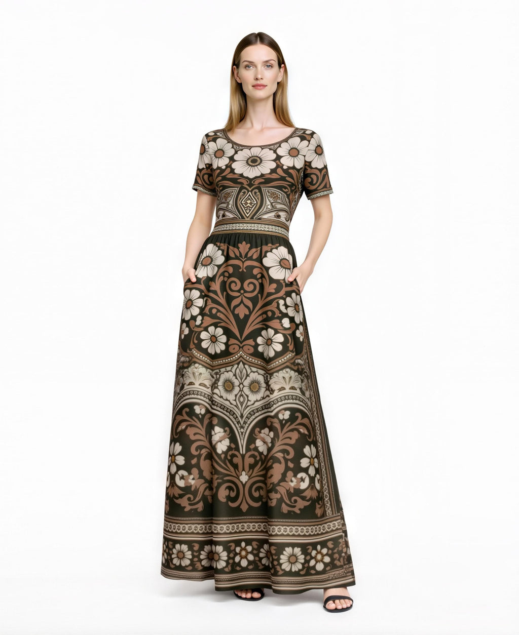 Floral Maxi Dress, Boho Vintage Long Dress, Brown Ivory Summer Outfit __etsy:7926485366