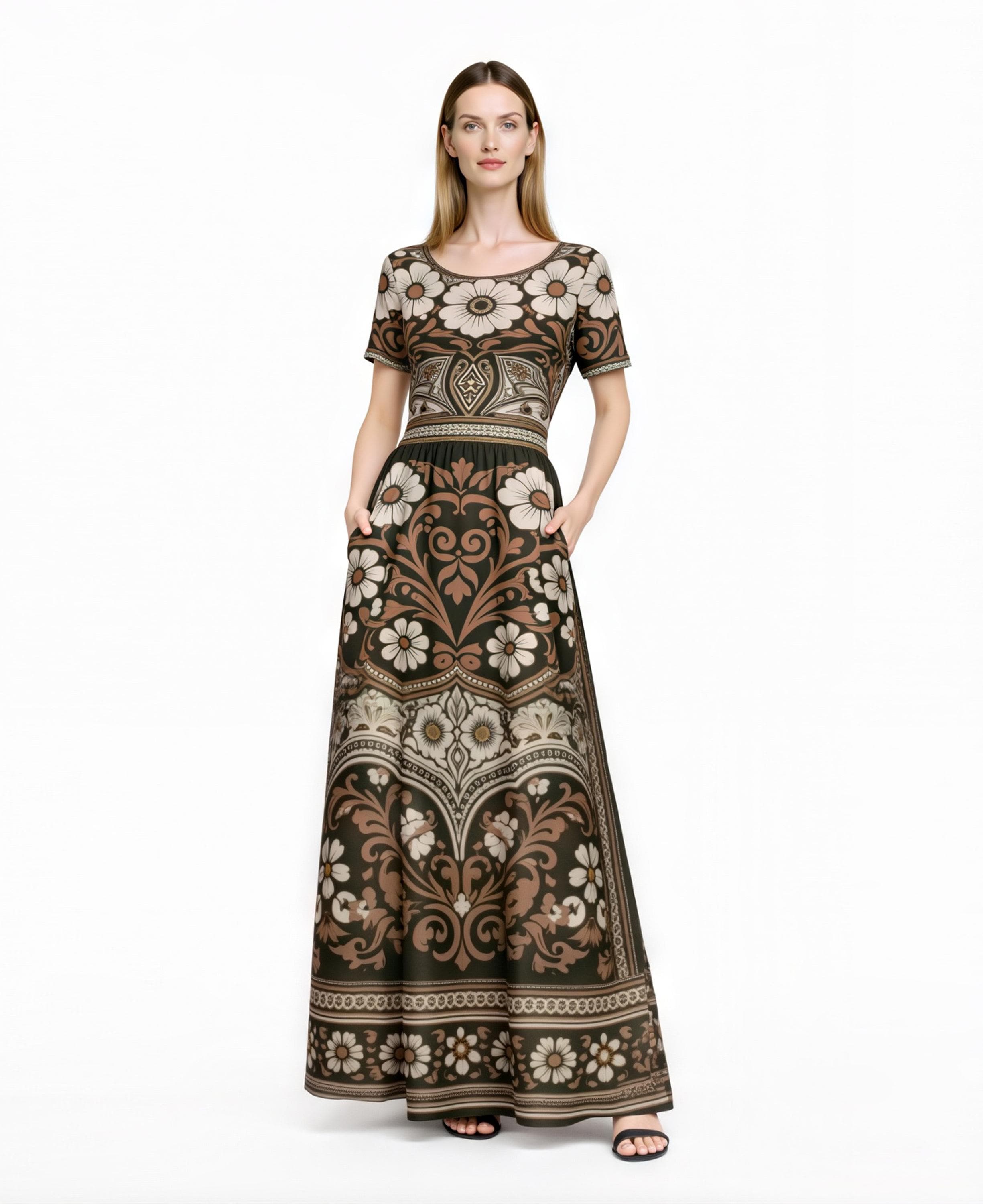 Floral Maxi Dress, Boho Vintage Long Dress, Brown Ivory Summer Outfit __etsy:7926485366