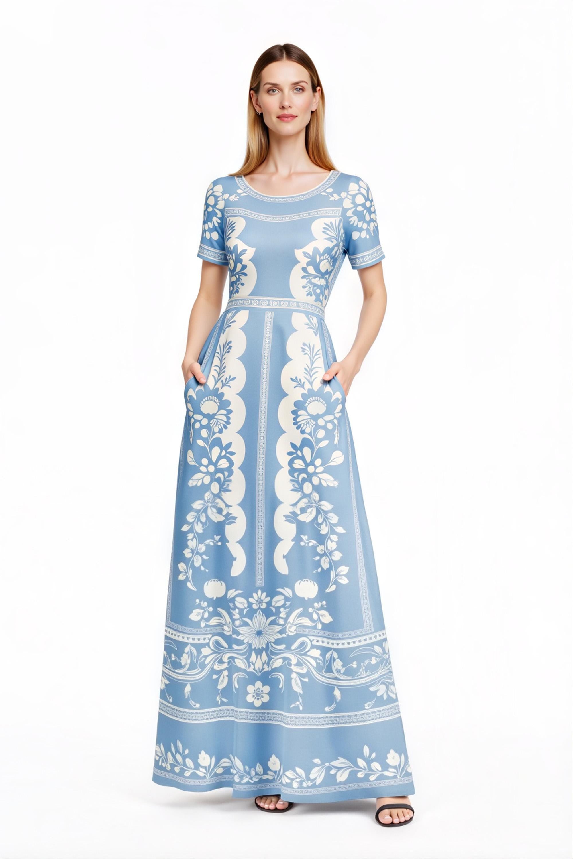 Floral Maxi Dress, Blue White Vintage Dress, European Style Long Summer Outfit __etsy:7926504004