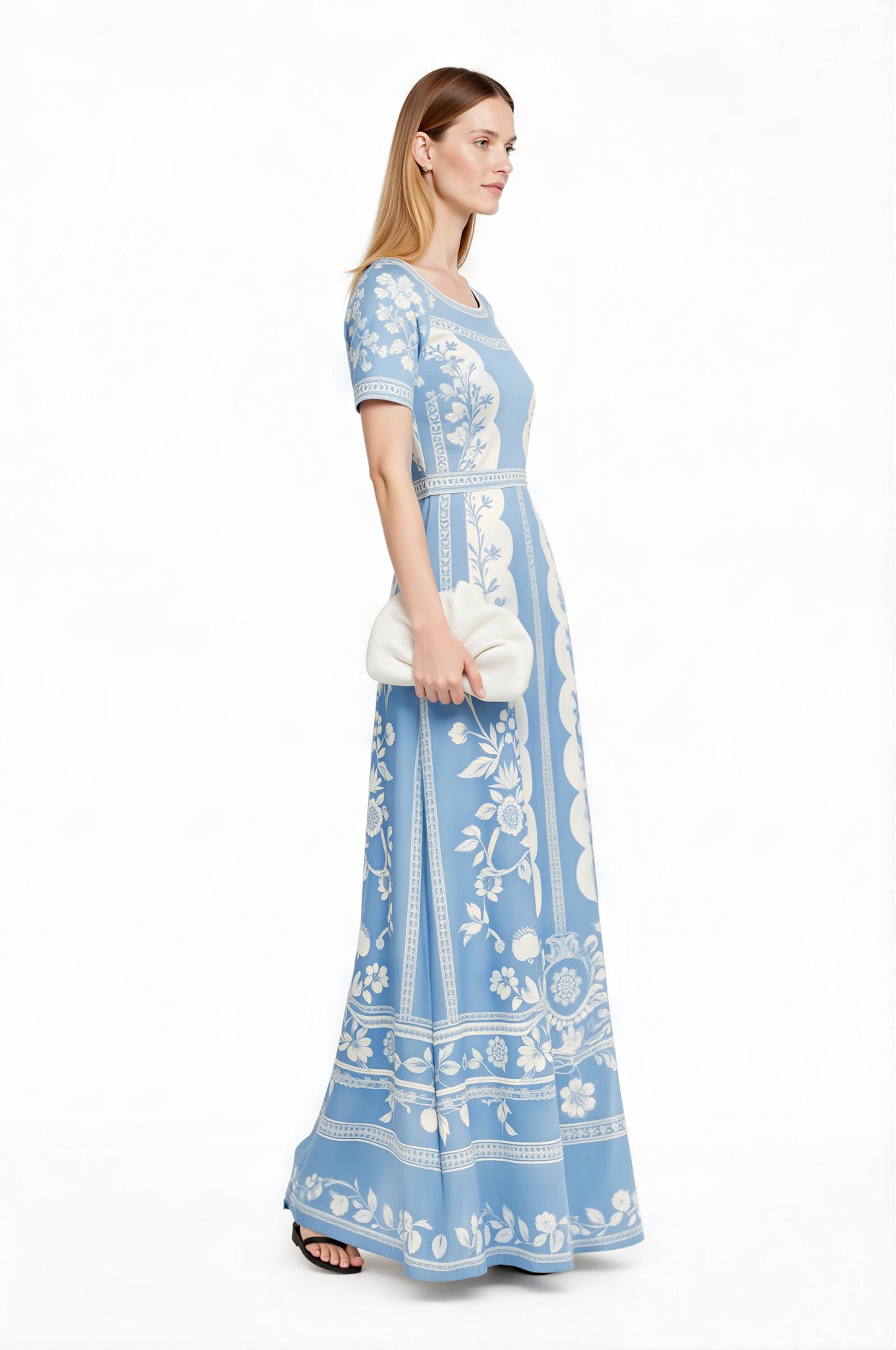 Floral Maxi Dress, Blue White Vintage Dress, European Style Long Summer Outfit __etsy:7926504008
