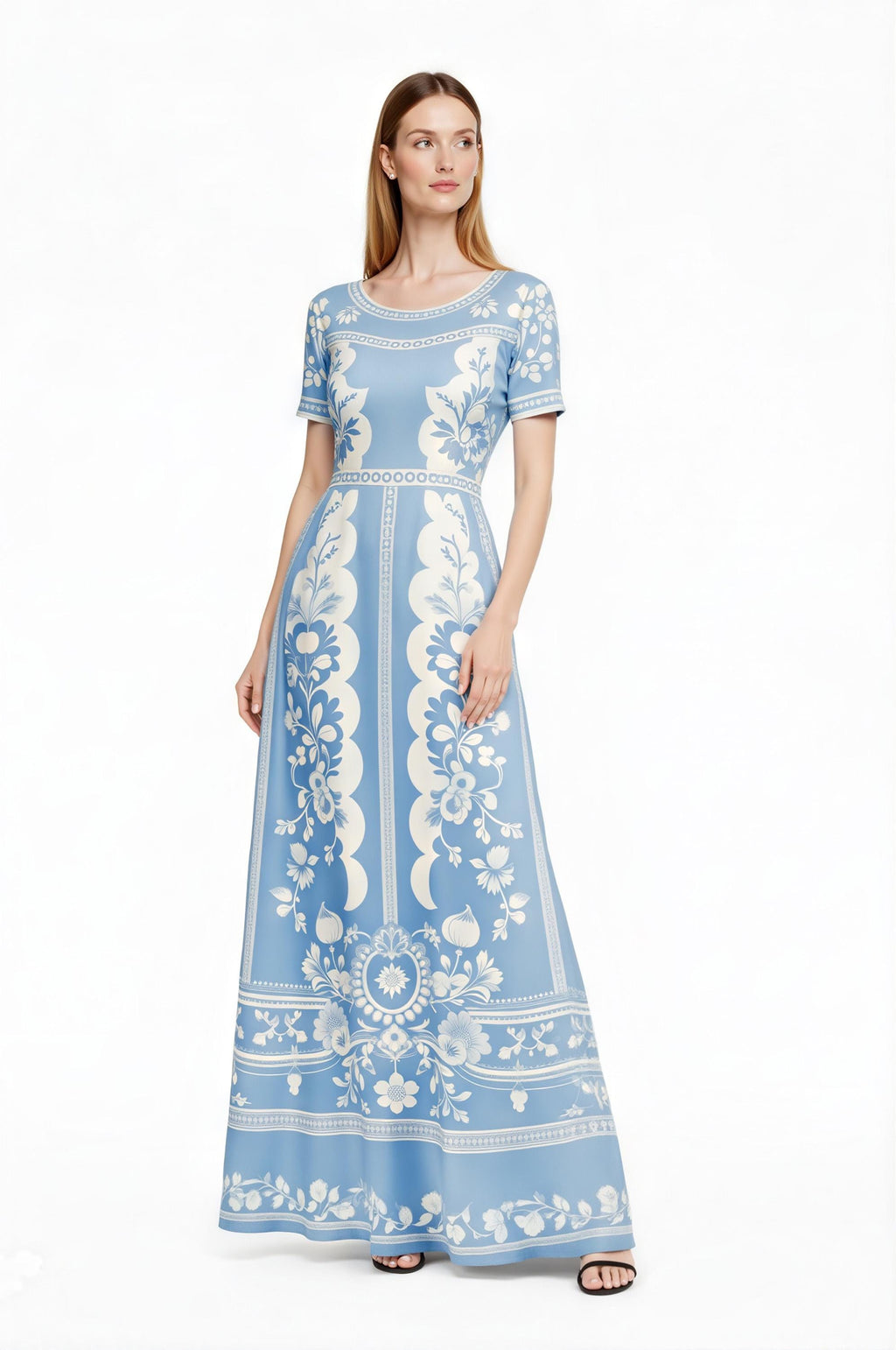 Floral Maxi Dress, Blue White Vintage Dress, European Style Long Summer Outfit __etsy:7926504010