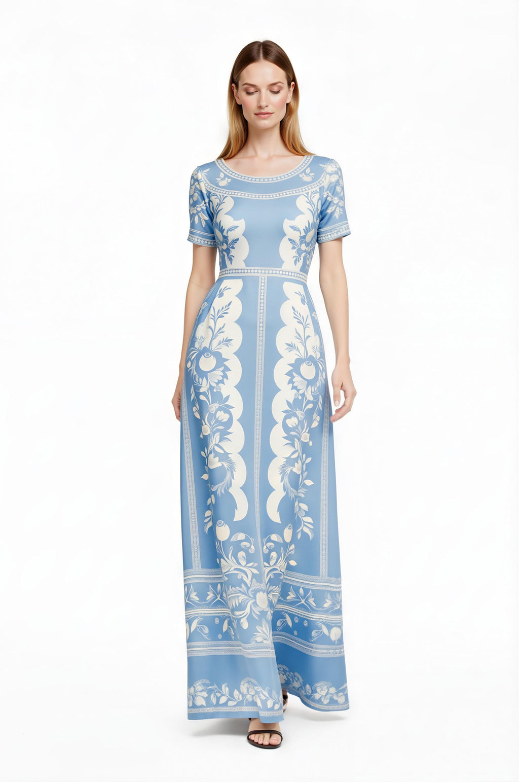 Floral Maxi Dress, Blue White Vintage Dress, European Style Long Summer Outfit __etsy:7926504012