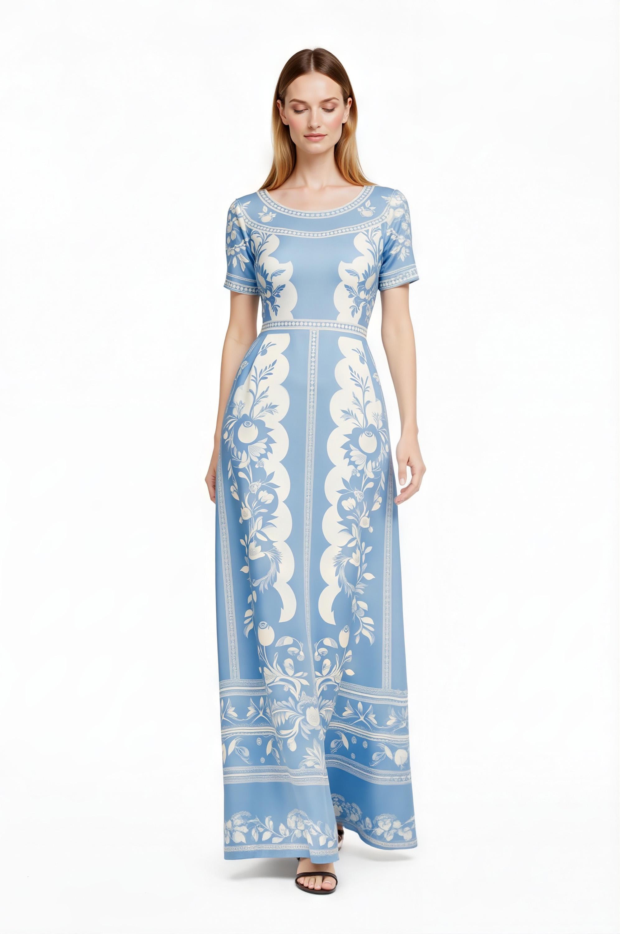 Floral Maxi Dress, Blue White Vintage Dress, European Style Long Summer Outfit __etsy:7926504012