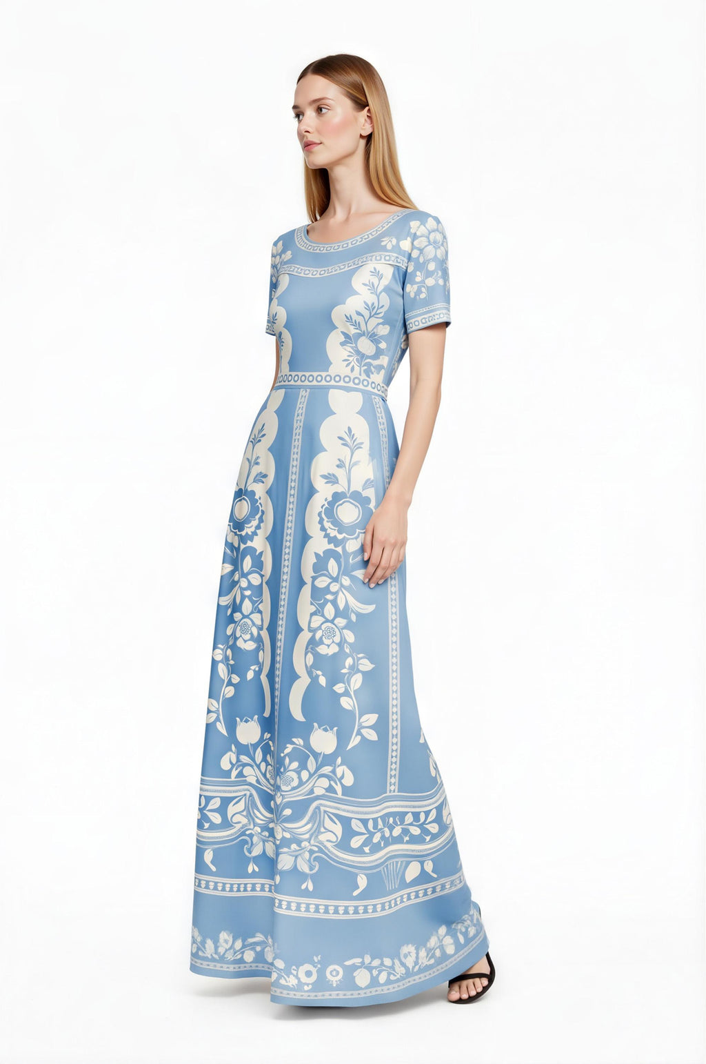 Floral Maxi Dress, Blue White Vintage Dress, European Style Long Summer Outfit __etsy:7926504018