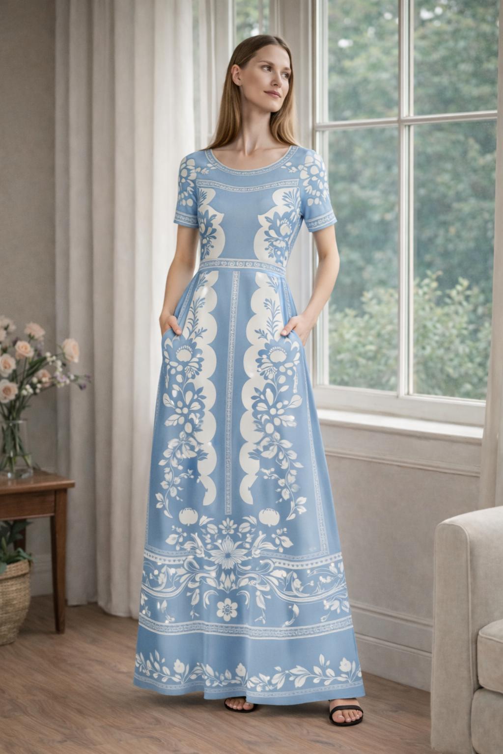 Floral Maxi Dress, Blue White Vintage Dress, European Style Long Summer Outfit __etsy:7926543760