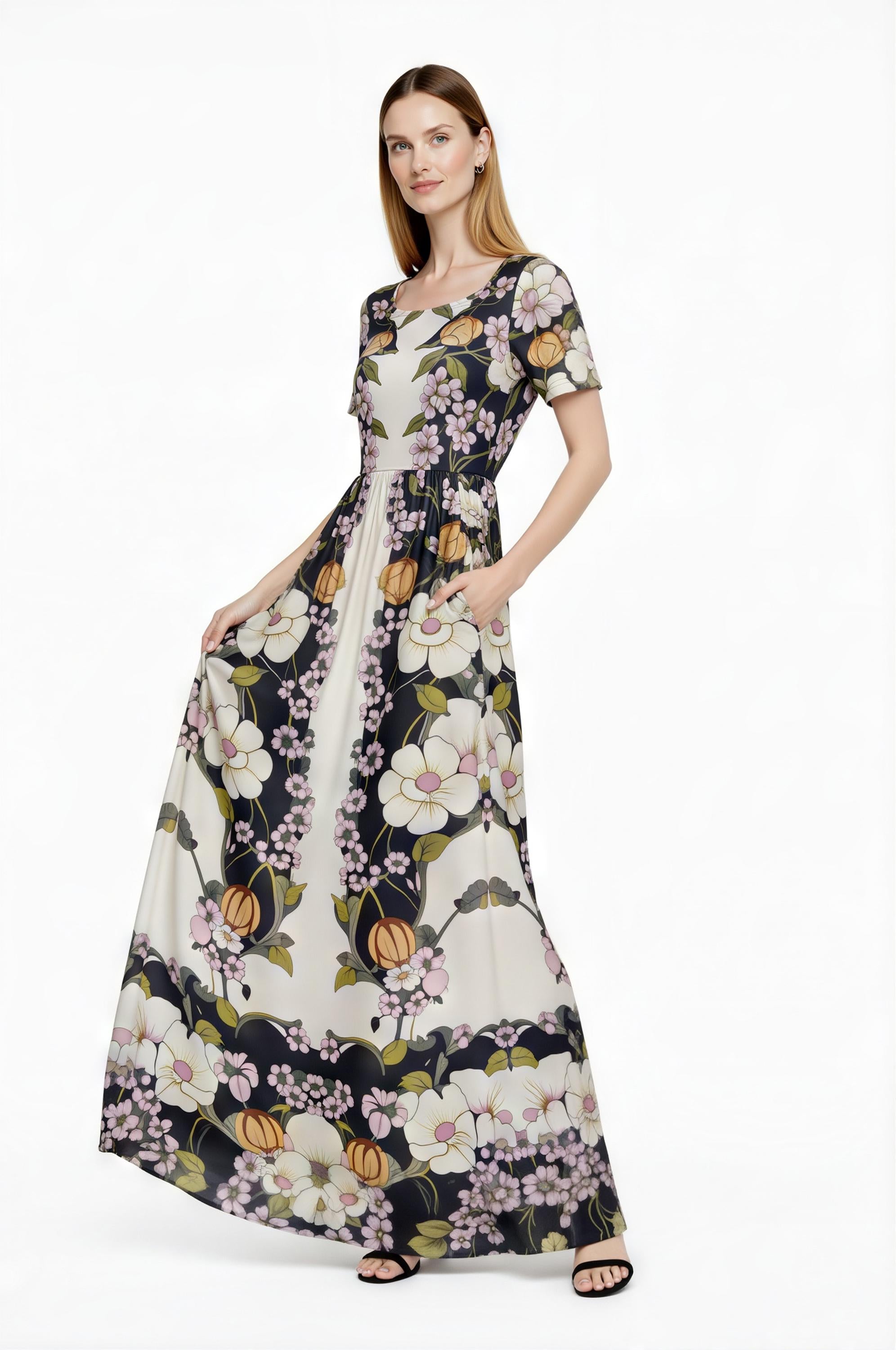 Vintage Floral Placement Print Maxi Dress, Ivory Black Elegant Long Dress __etsy:7933283924