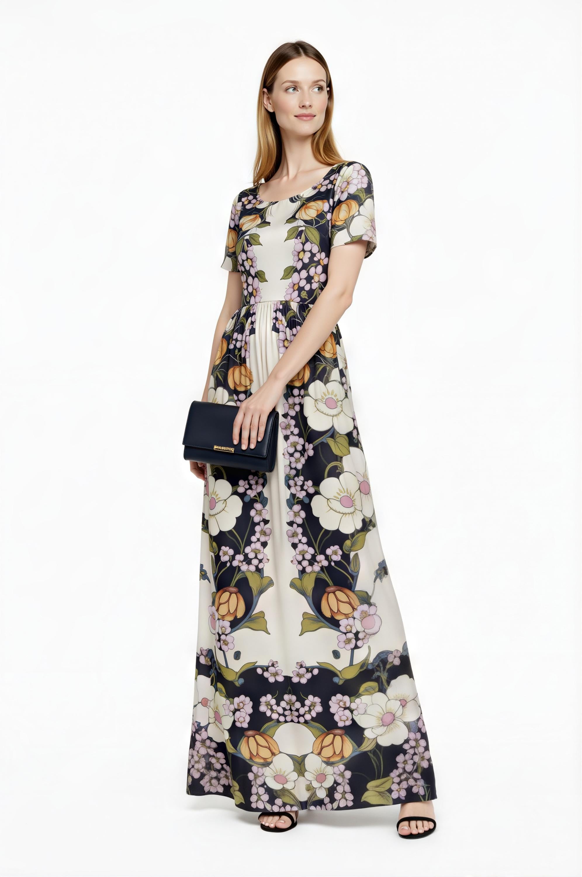 Vintage Floral Placement Print Maxi Dress, Ivory Black Elegant Long Dress __etsy:7933283936