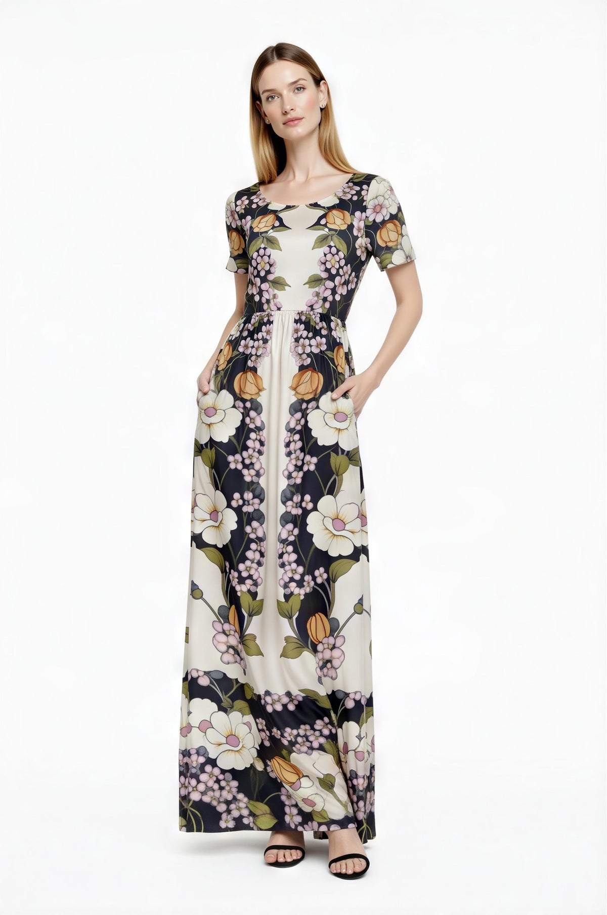 Vintage Floral Placement Print Maxi Dress, Ivory Black Elegant Long Dress __etsy:7933284012