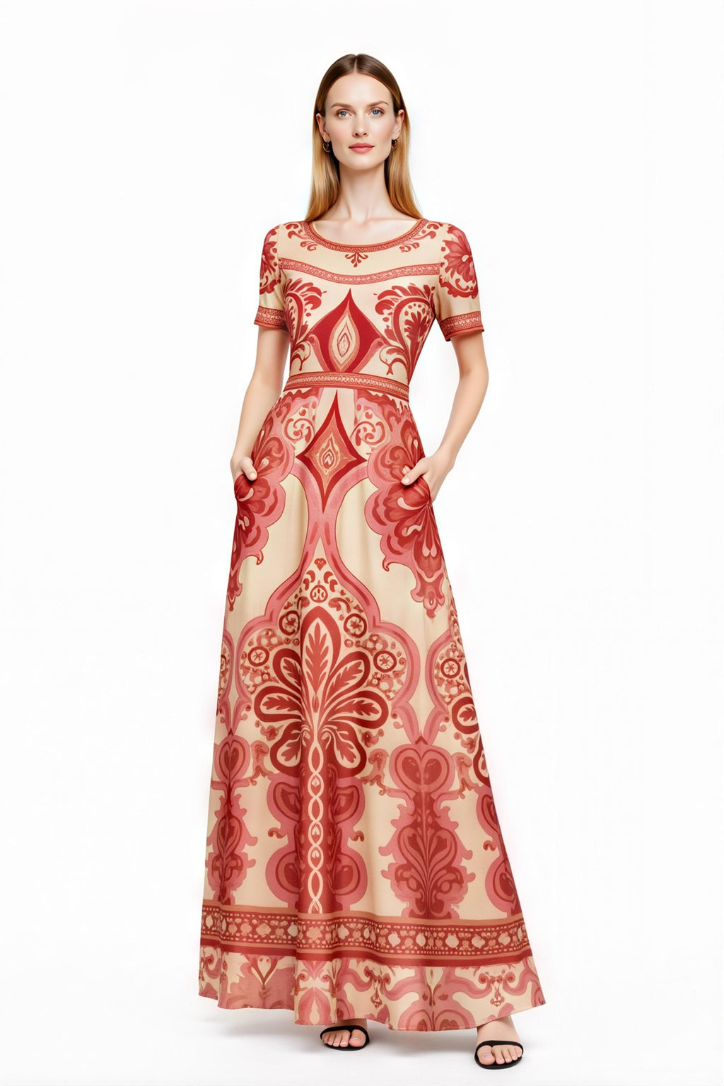 Red Vintage Print A-Line Maxi Dress, Boho Summer Bohemian Style with Pockets __etsy:7937320782