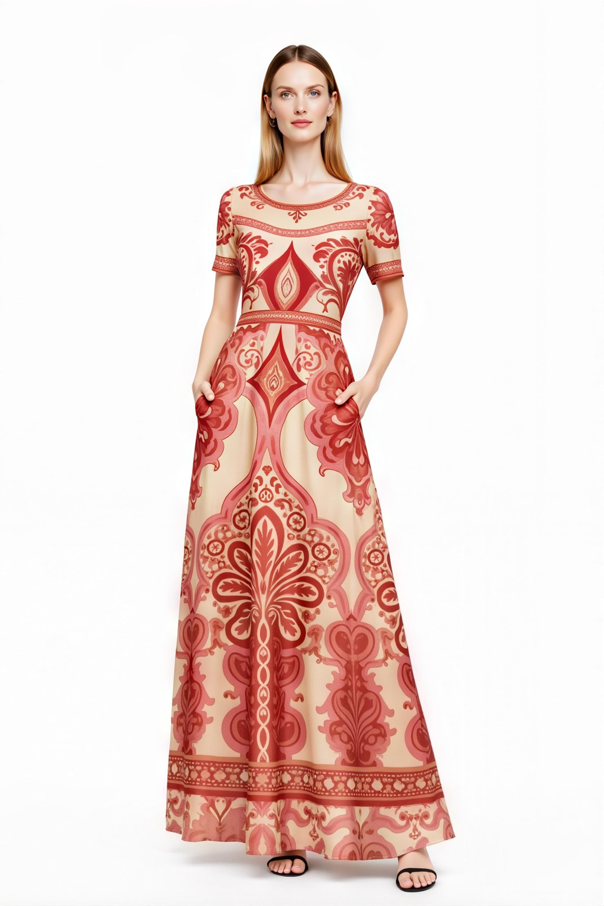 Red Vintage Print A-Line Maxi Dress, Boho Summer Bohemian Style with Pockets __etsy:7937320782
