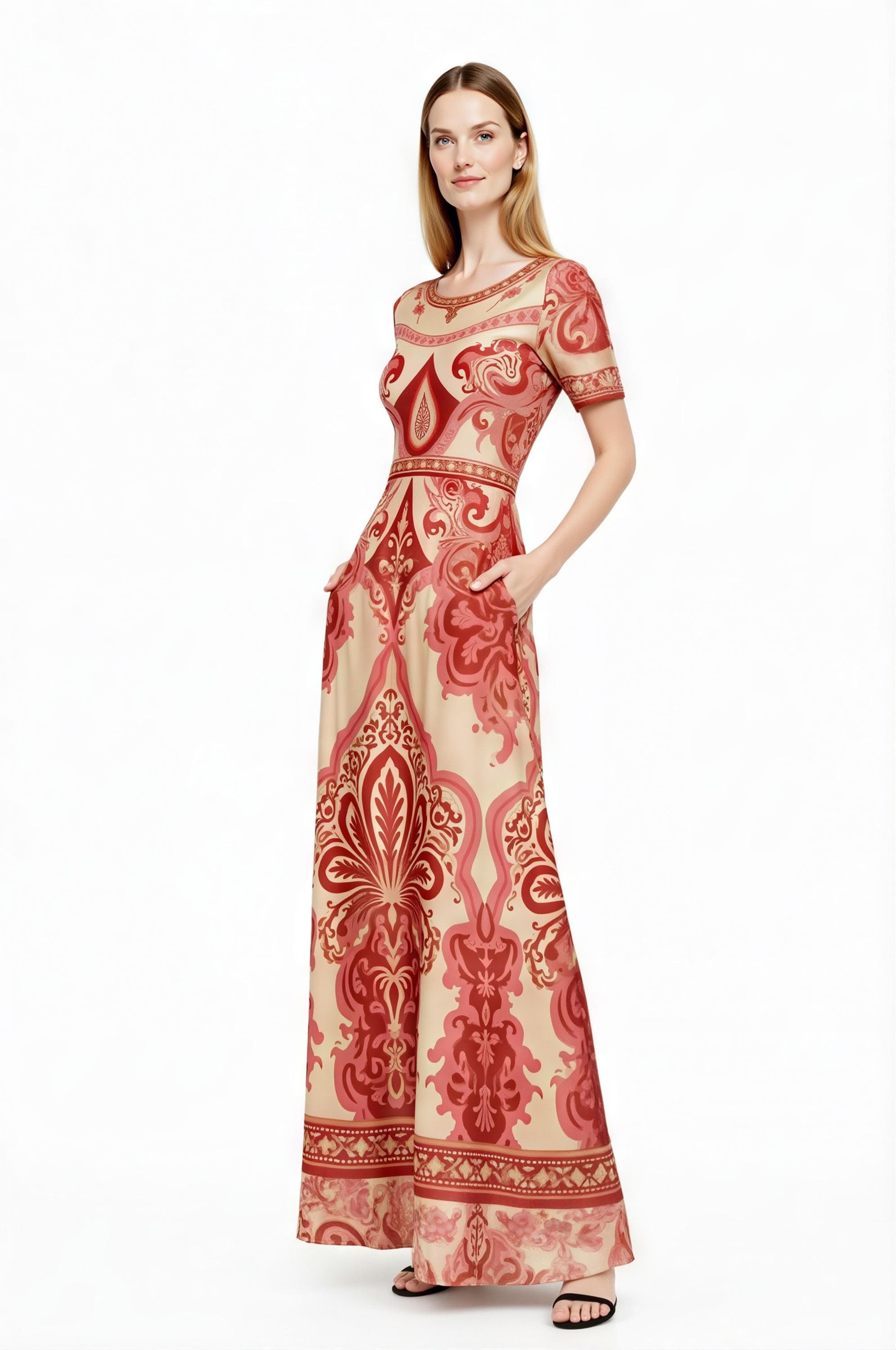 Red Vintage Print A-Line Maxi Dress, Boho Summer Bohemian Style with Pockets __etsy:7937320786