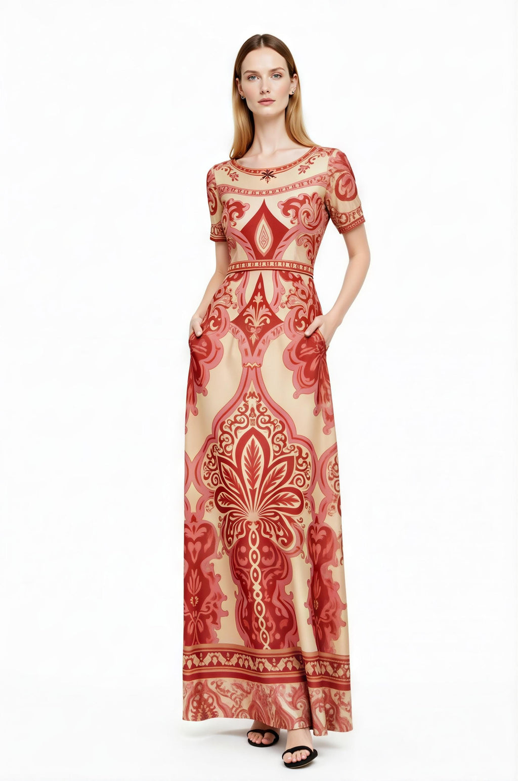Red Vintage Print A-Line Maxi Dress, Boho Summer Bohemian Style with Pockets __etsy:7937320860