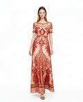 Red Vintage Print A-Line Maxi Dress, Boho Summer Bohemian Style with Pockets __etsy:7937366150