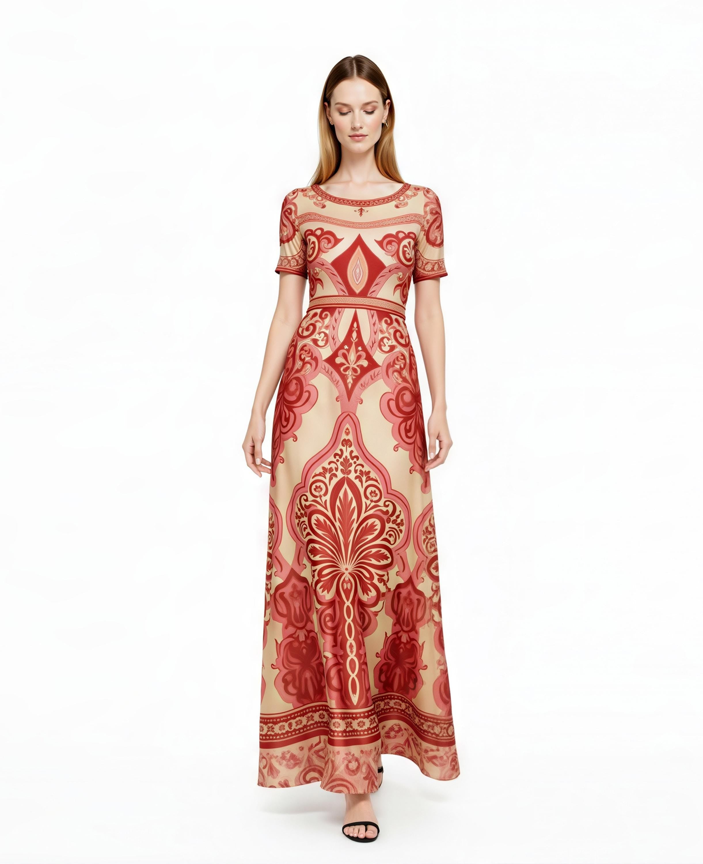 Red Vintage Print A-Line Maxi Dress, Boho Summer Bohemian Style with Pockets __etsy:7937366150