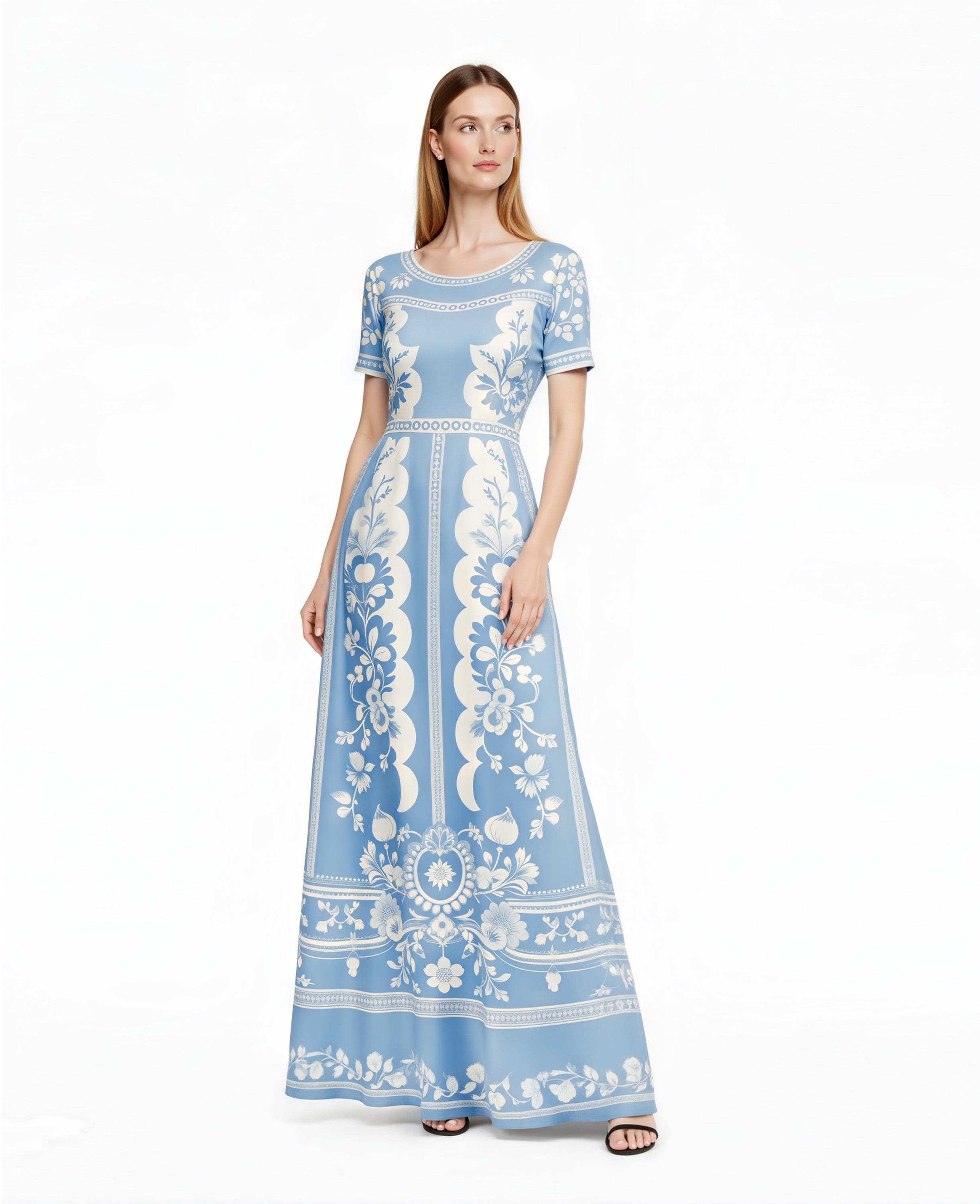 May include: A light blue maxi dress with a white floral pattern. The dress features short sleeves, a round neckline, and a fitted waist. The floral design is repeated throughout the dress, creating a cohesive and elegant look. The dress is floor-length. __etsy:7937371990
