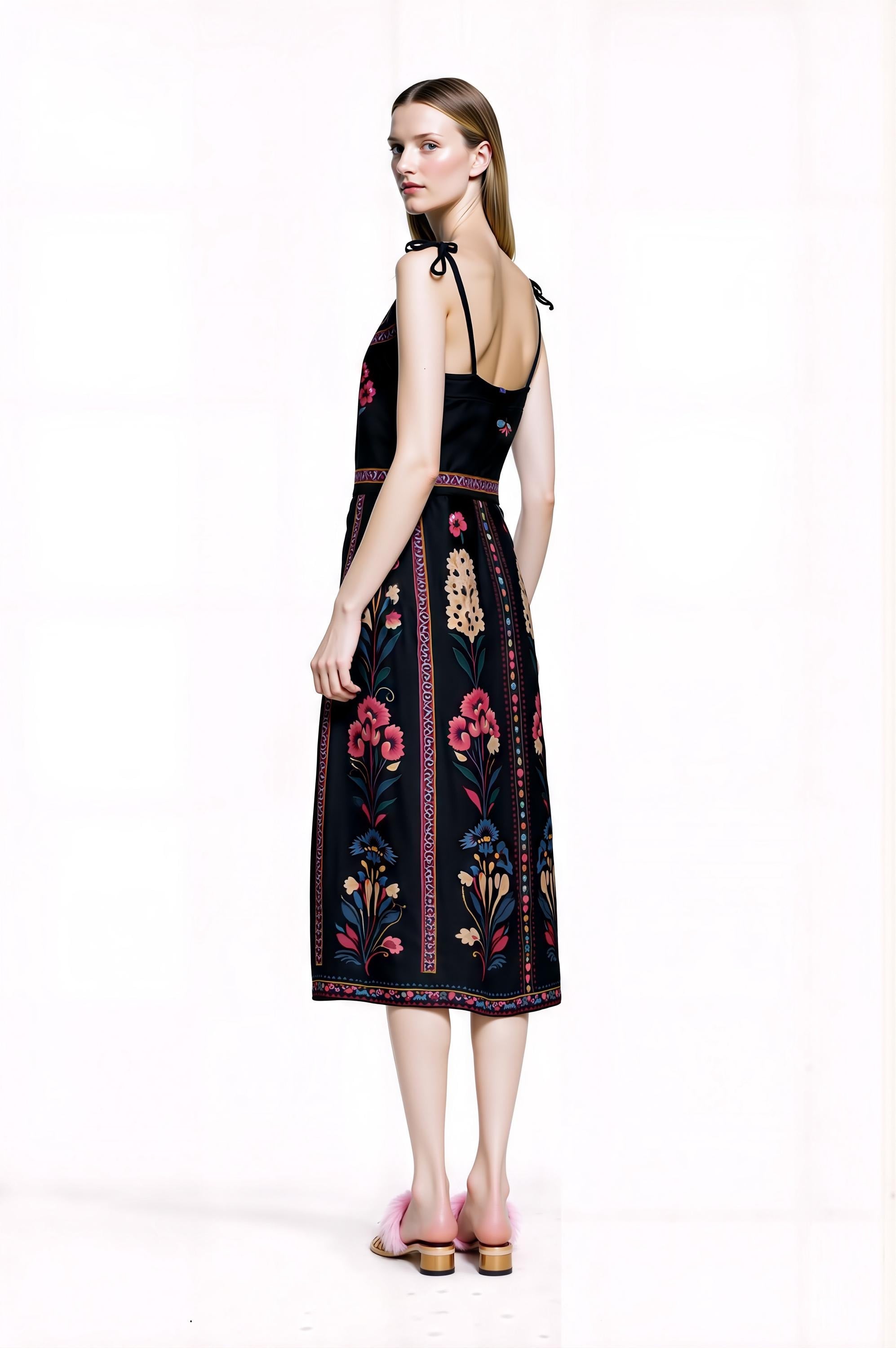 Black Floral Midi Dress, Romantic Folk Print Sleeveless Bohemian Style __etsy:7943232039