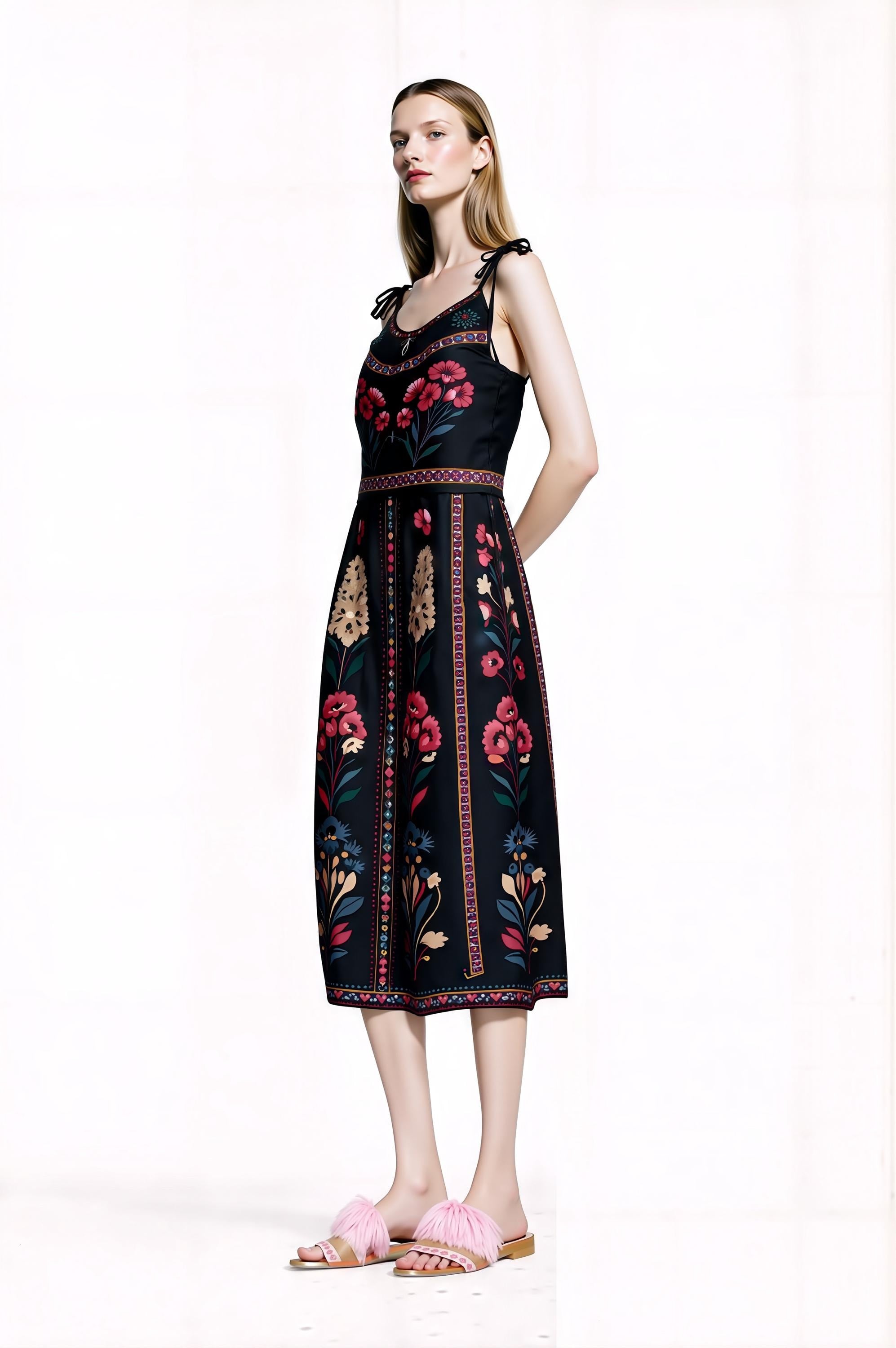 Black Floral Midi Dress, Romantic Folk Print Sleeveless Bohemian Style __etsy:7943232041