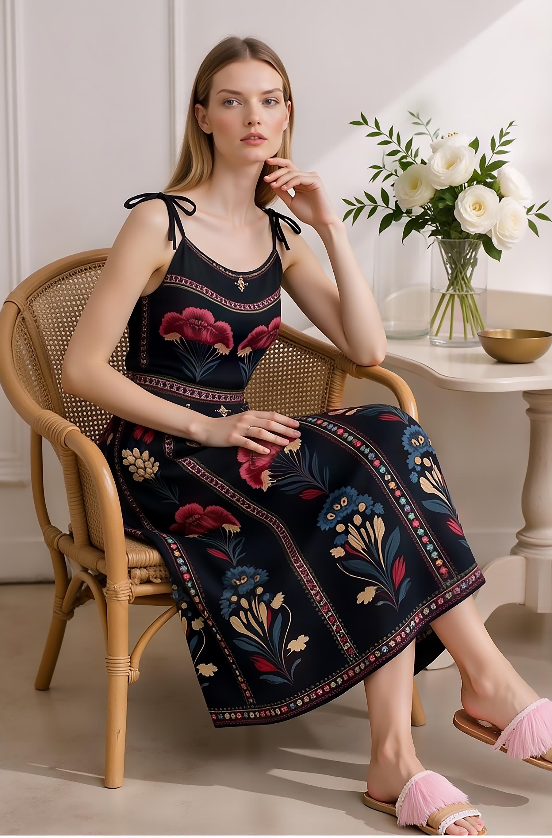 Black Floral Midi Dress, Romantic Folk Print Sleeveless Bohemian Style __etsy:7943232211