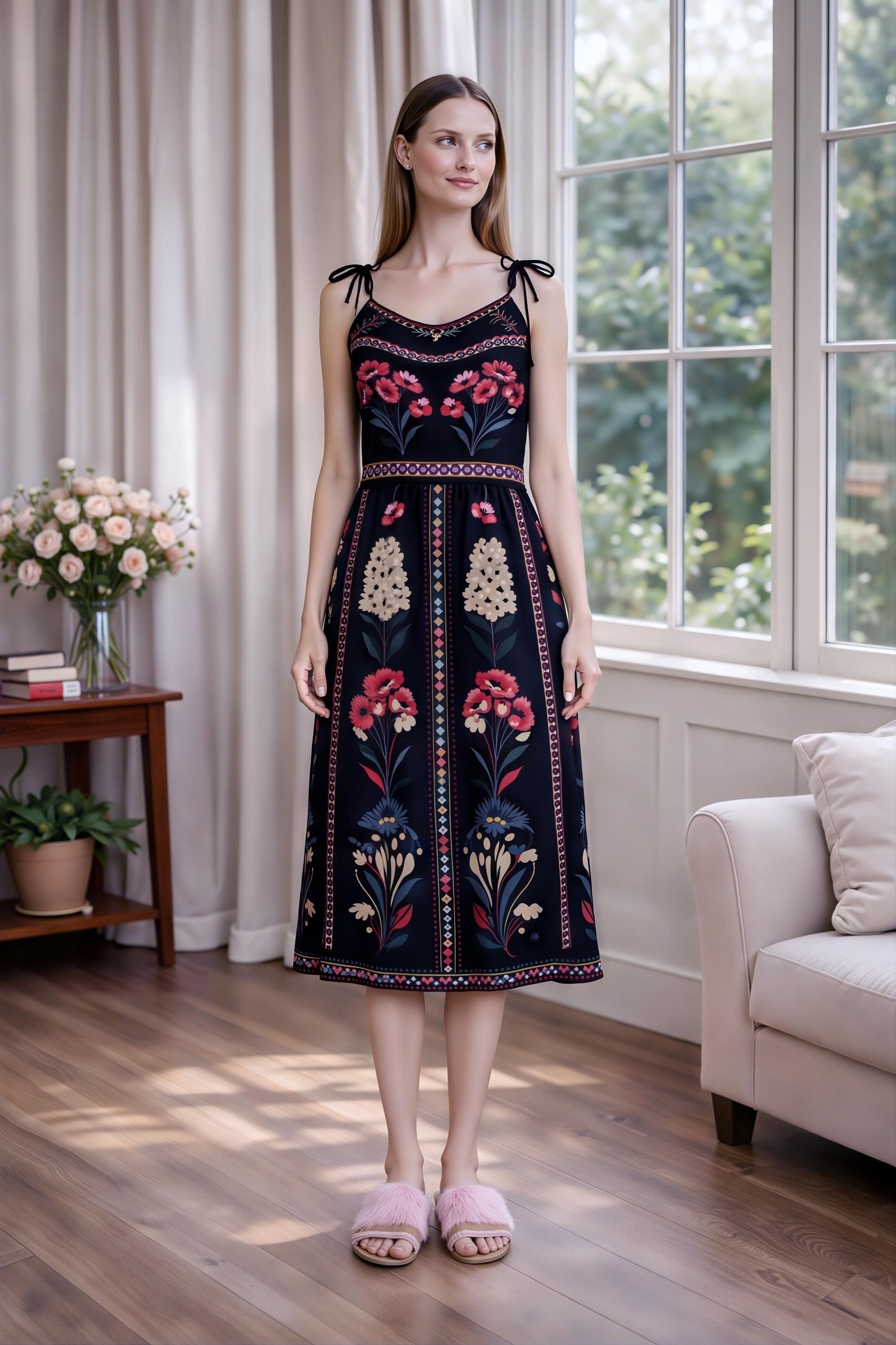 Black Floral Midi Dress, Romantic Folk Print Sleeveless Bohemian Style __etsy:7943232223