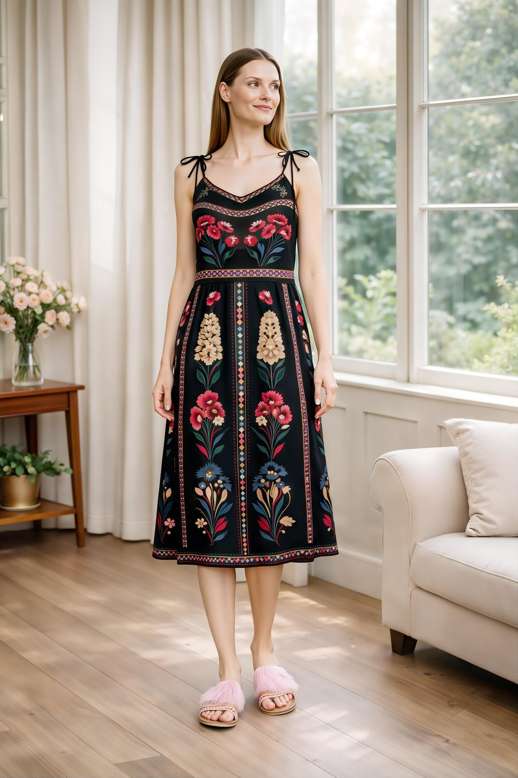 Black Floral Midi Dress, Romantic Folk Print Sleeveless Bohemian Style __etsy:7943232225