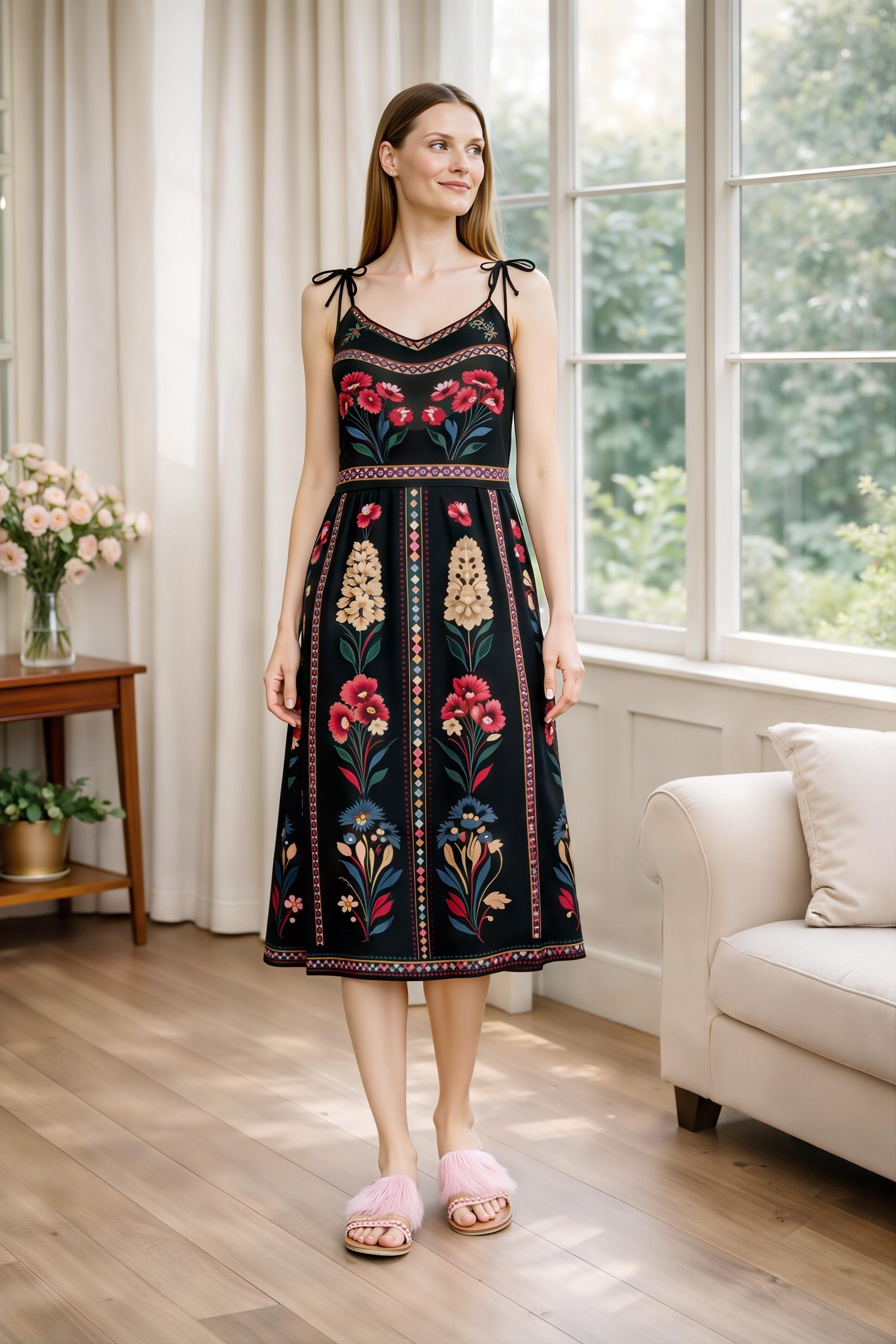Black Floral Midi Dress, Romantic Folk Print Sleeveless Bohemian Style __etsy:7943232225