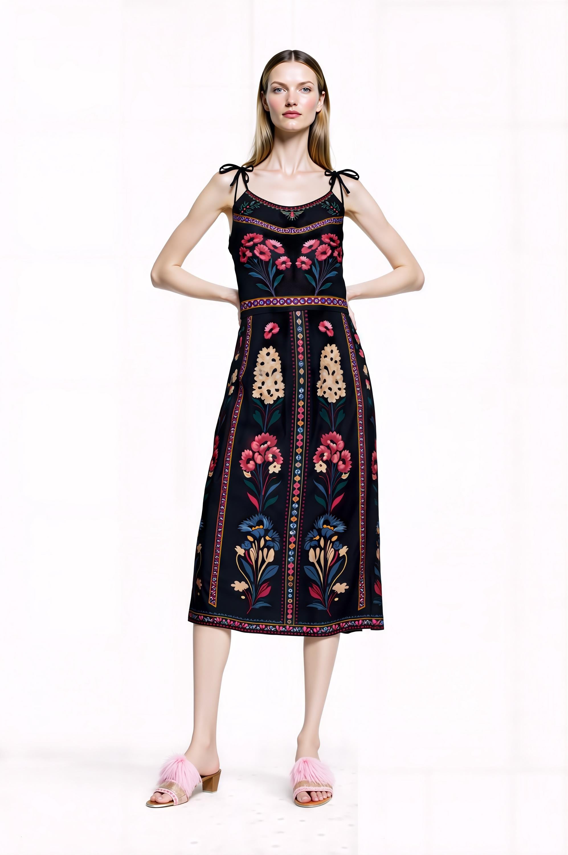 Black Floral Midi Dress, Romantic Folk Print Sleeveless Bohemian Style __etsy:7943241343