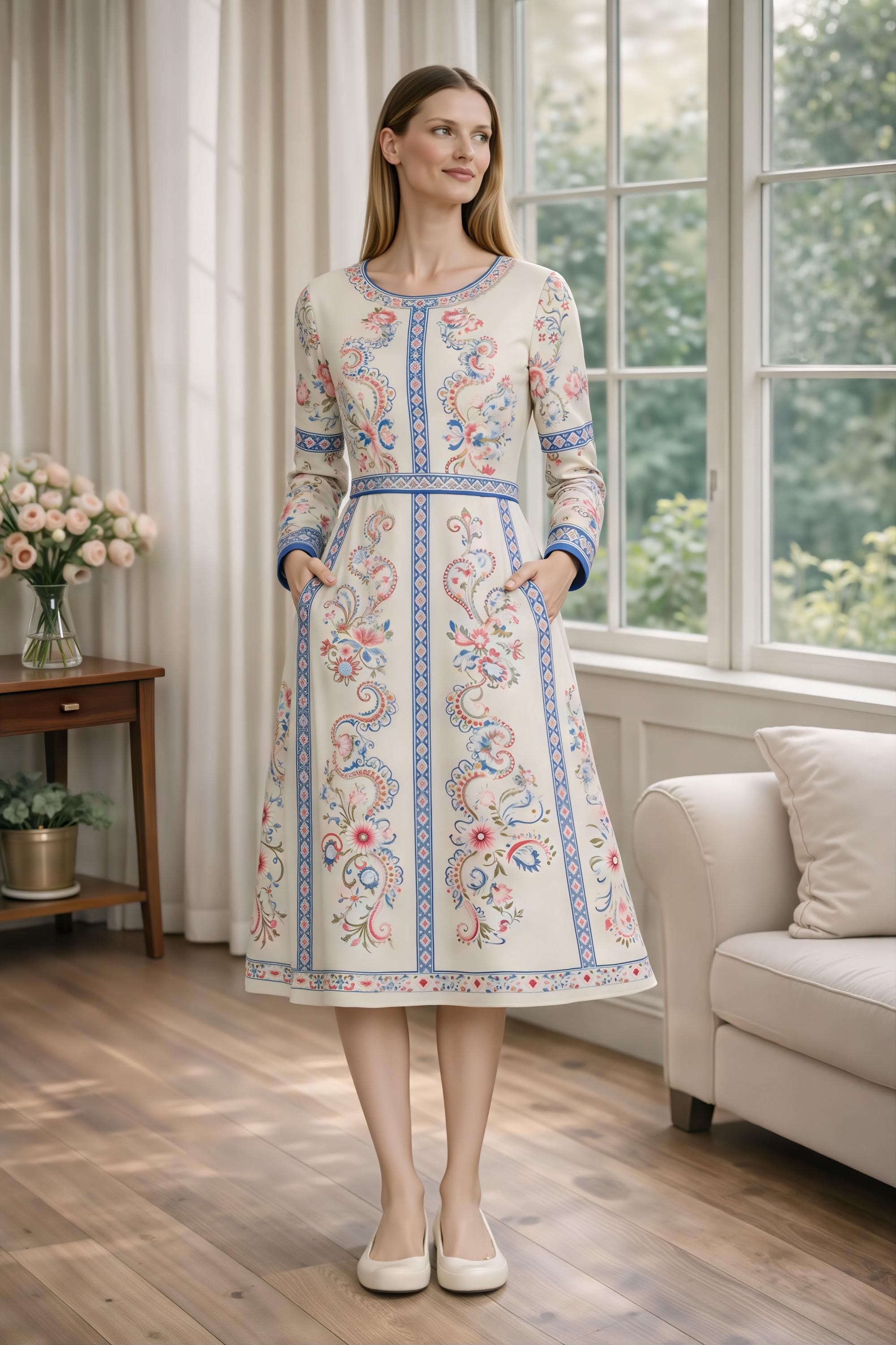 Ivory Floral Midi Dress, Long Sleeve Vintage Inspired Tea Dress __etsy:7943531587