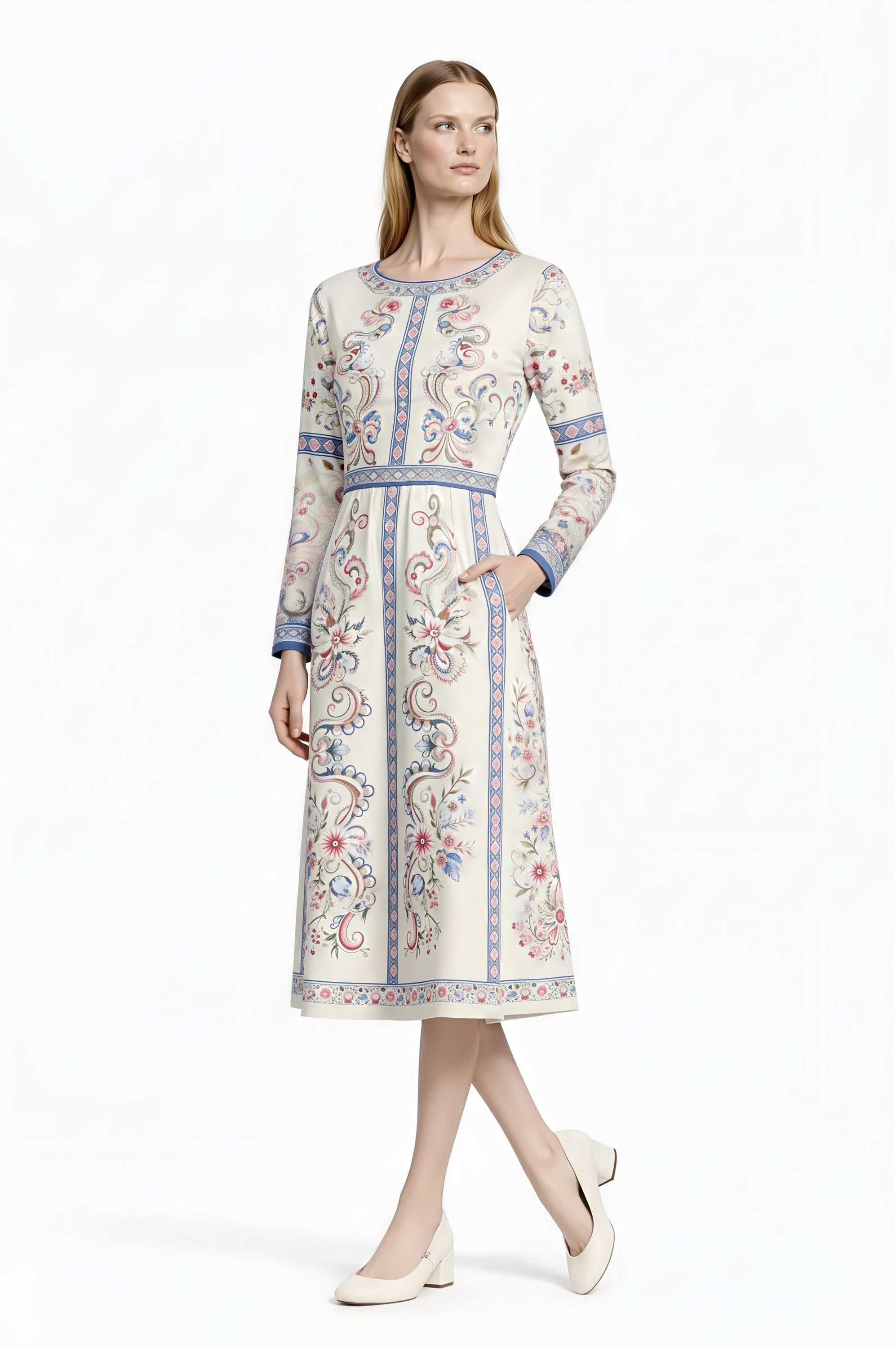 Ivory Floral Midi Dress, Long Sleeve Vintage Inspired Tea Dress __etsy:7943531589