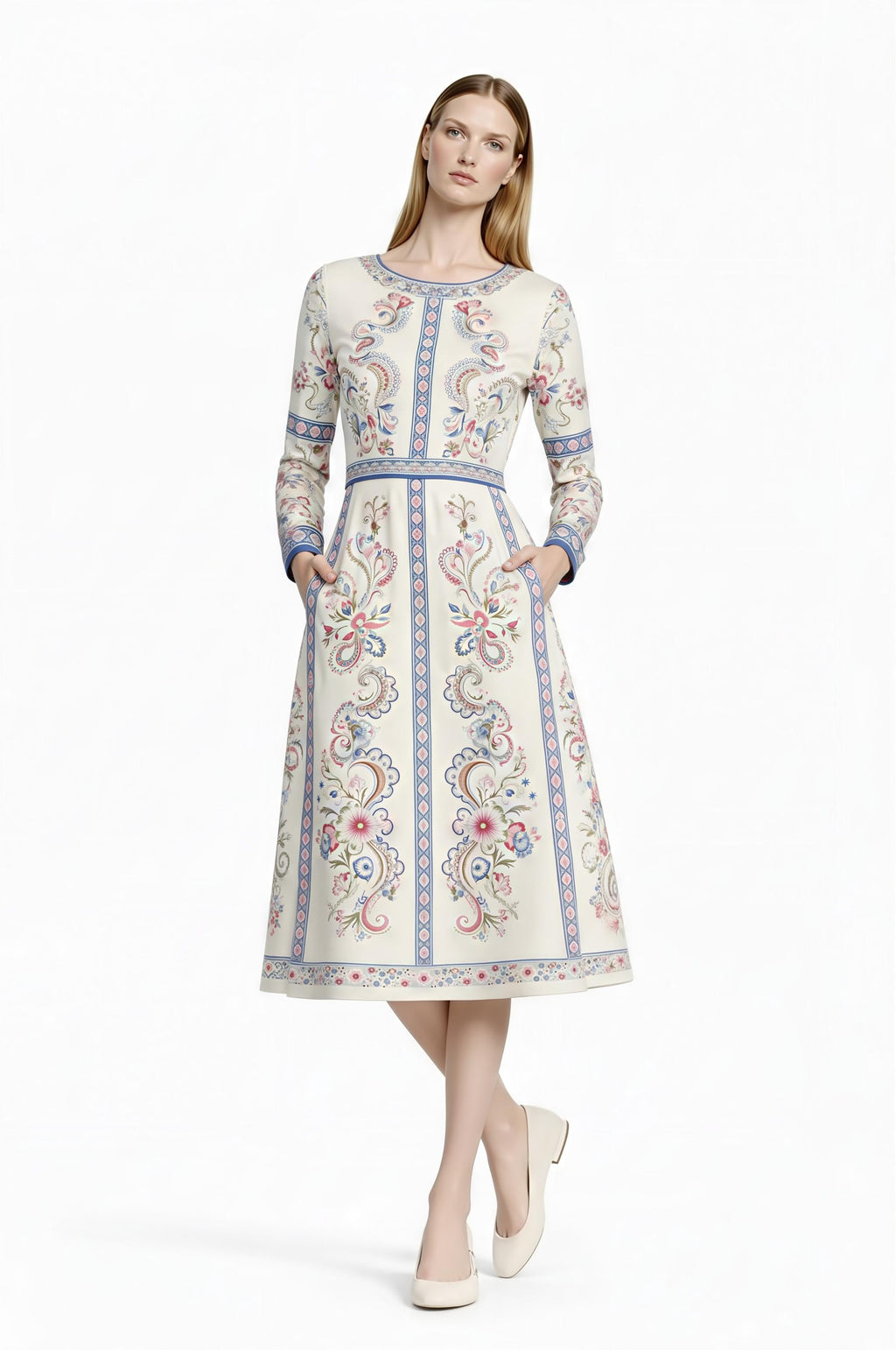 Ivory Floral Midi Dress, Long Sleeve Vintage Inspired Tea Dress __etsy:7943531721