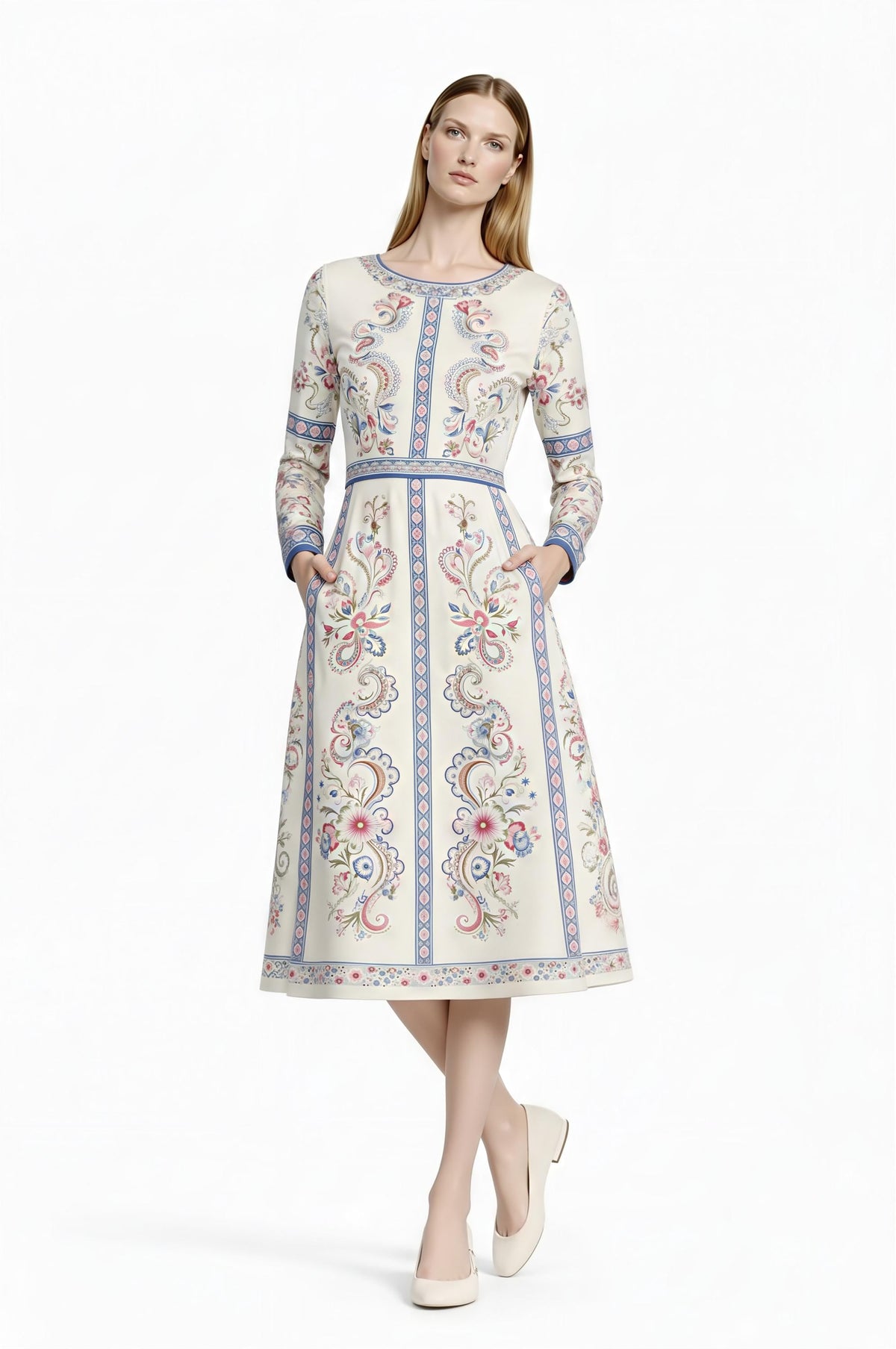 Ivory Floral Midi Dress, Long Sleeve Vintage Inspired Tea Dress __etsy:7943531721