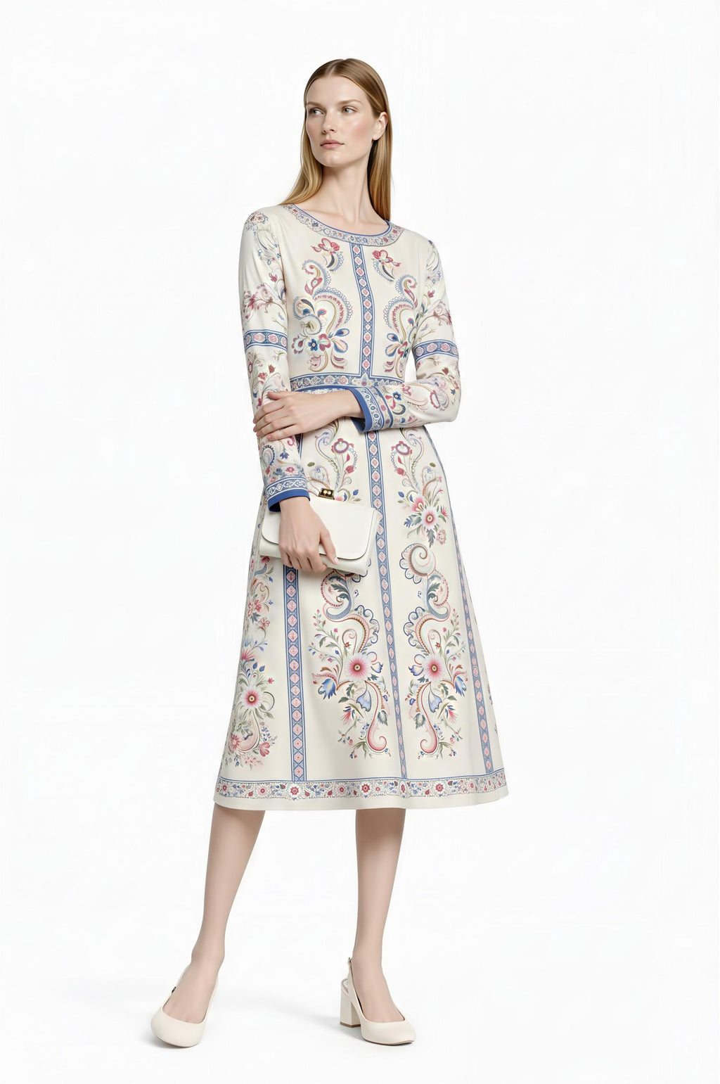 Ivory Floral Midi Dress, Long Sleeve Vintage Inspired Tea Dress __etsy:7943531723