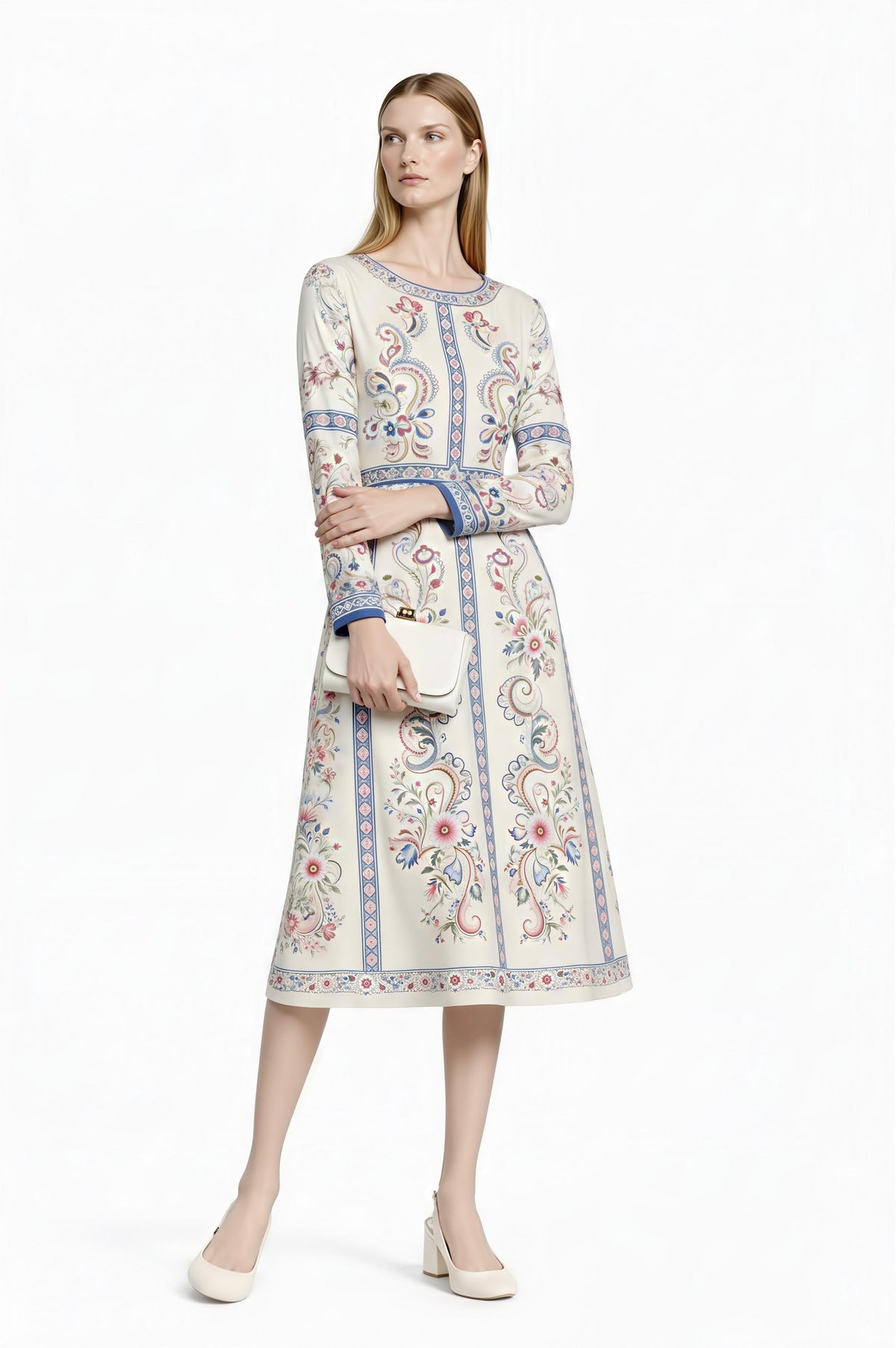 Ivory Floral Midi Dress, Long Sleeve Vintage Inspired Tea Dress __etsy:7943531723