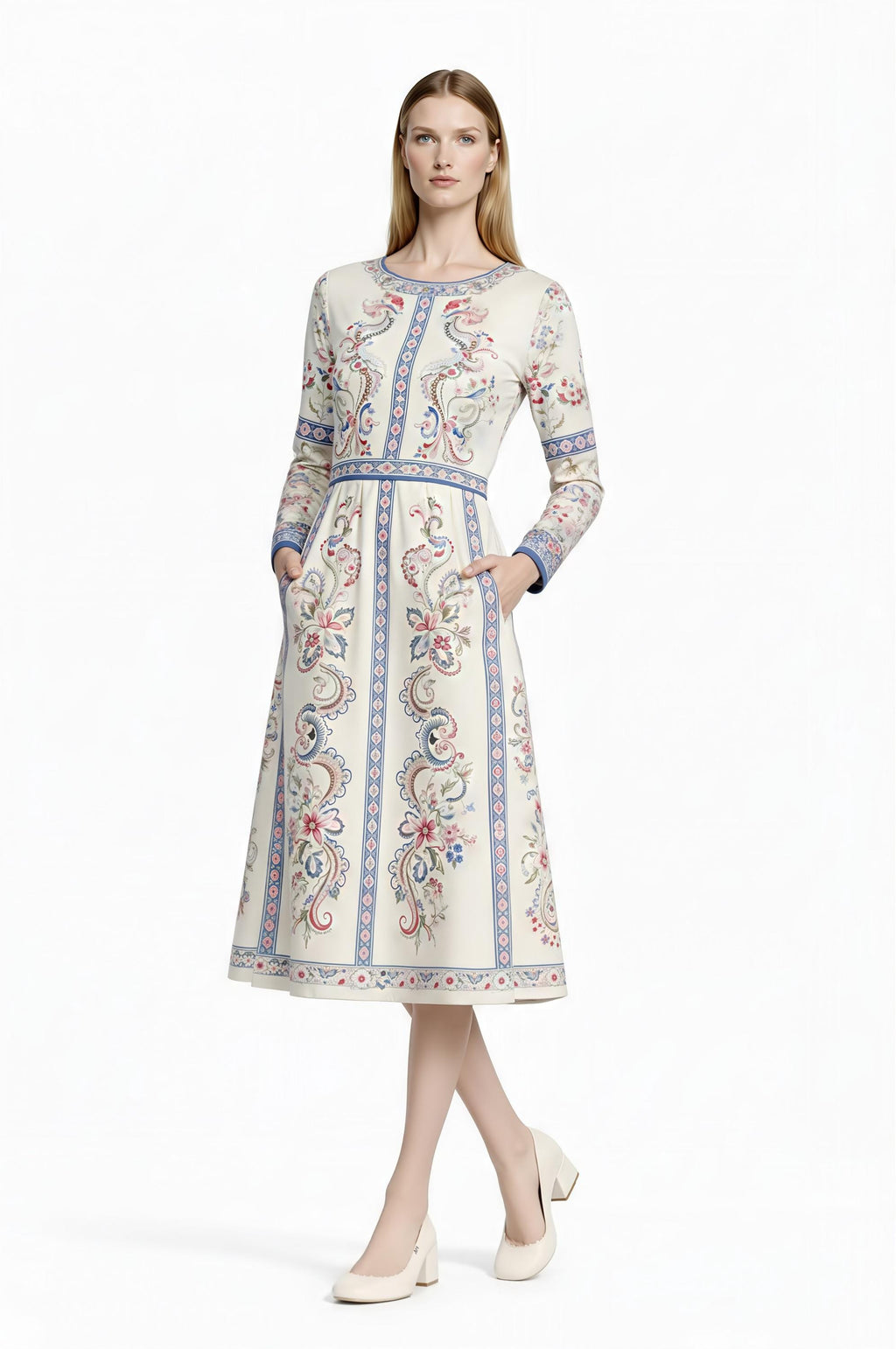 Ivory Floral Midi Dress, Long Sleeve Vintage Inspired Tea Dress __etsy:7943531725