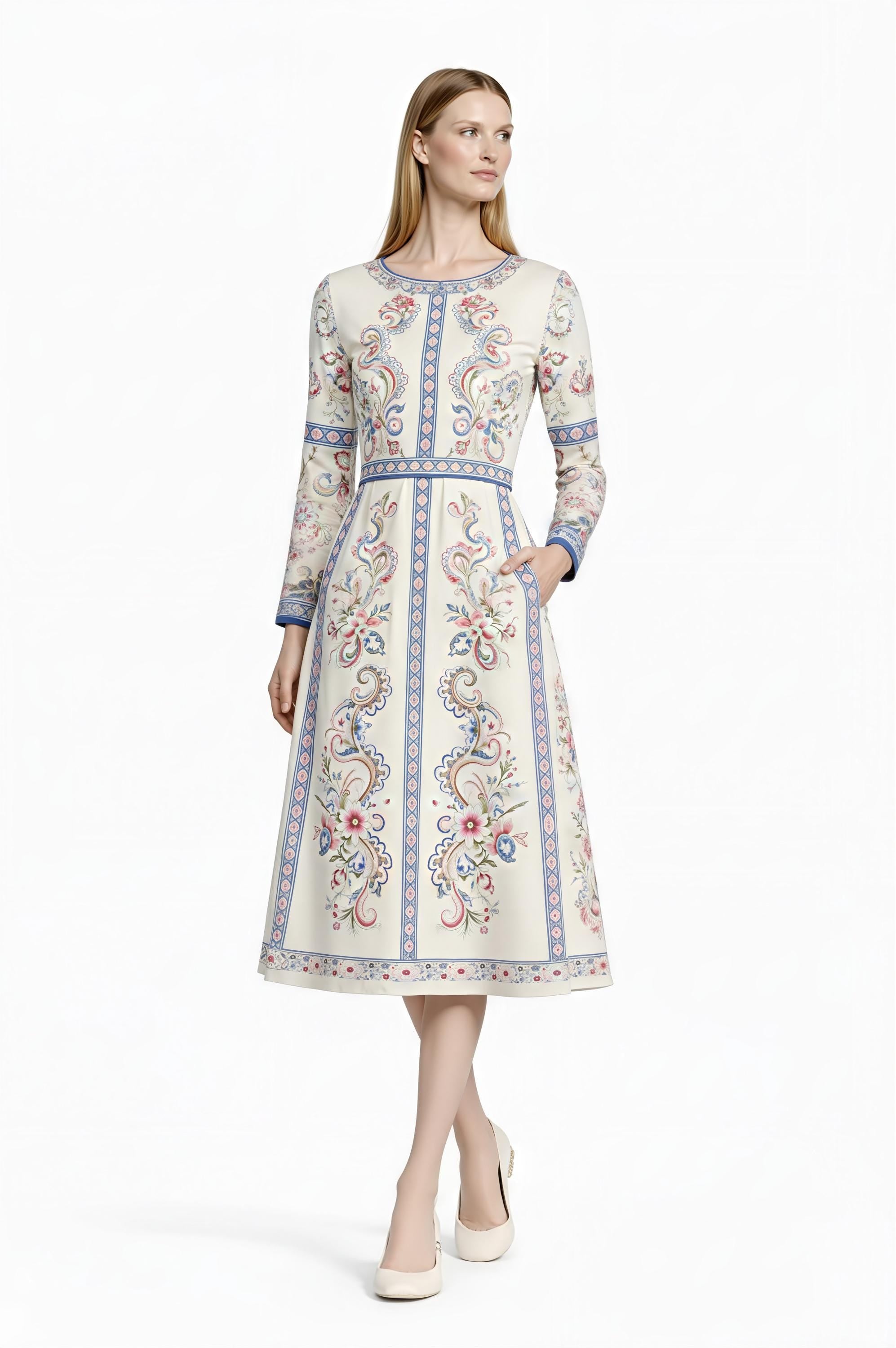 Ivory Floral Midi Dress, Long Sleeve Vintage Inspired Tea Dress __etsy:7943544085