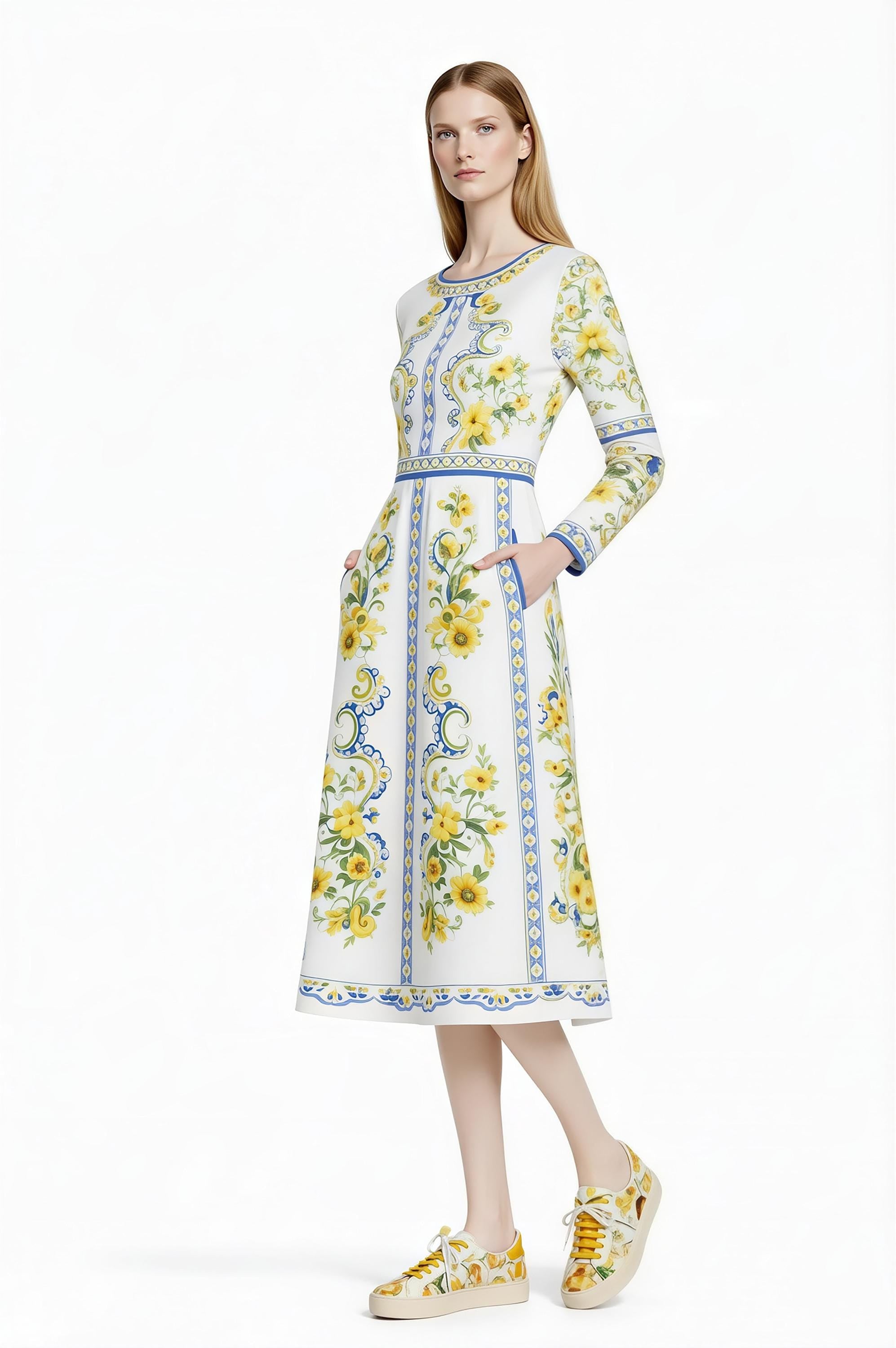 Floral Midi Dress, Long Sleeve, Romantic Folk Print, Boutique Style __etsy:7943705039